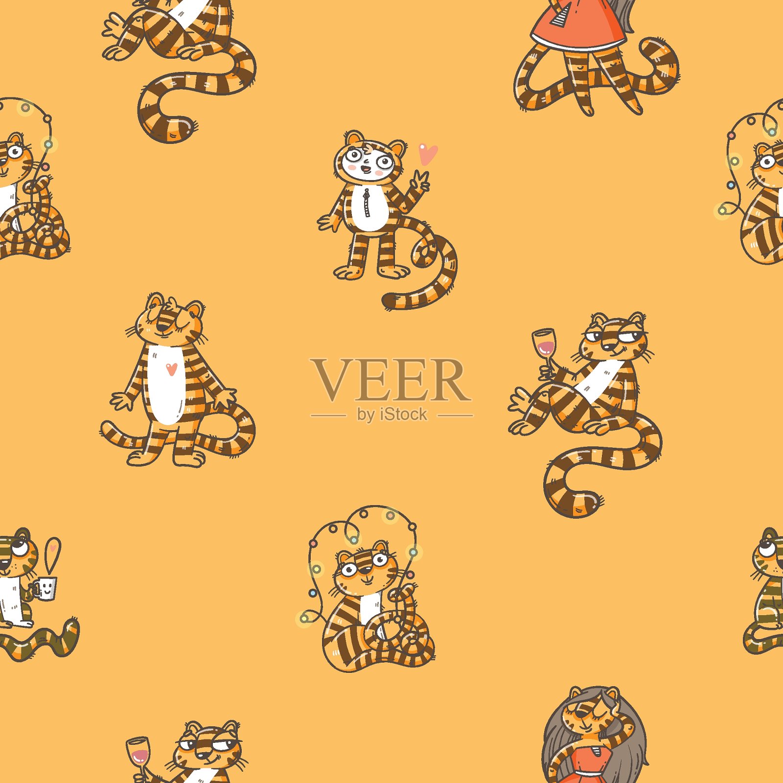 圣诞图案与可爱的老虎在橙色的背景。圣诞卡通动物印刷。冬天的程式化的壁纸。中国的星座符号。插画图片素材