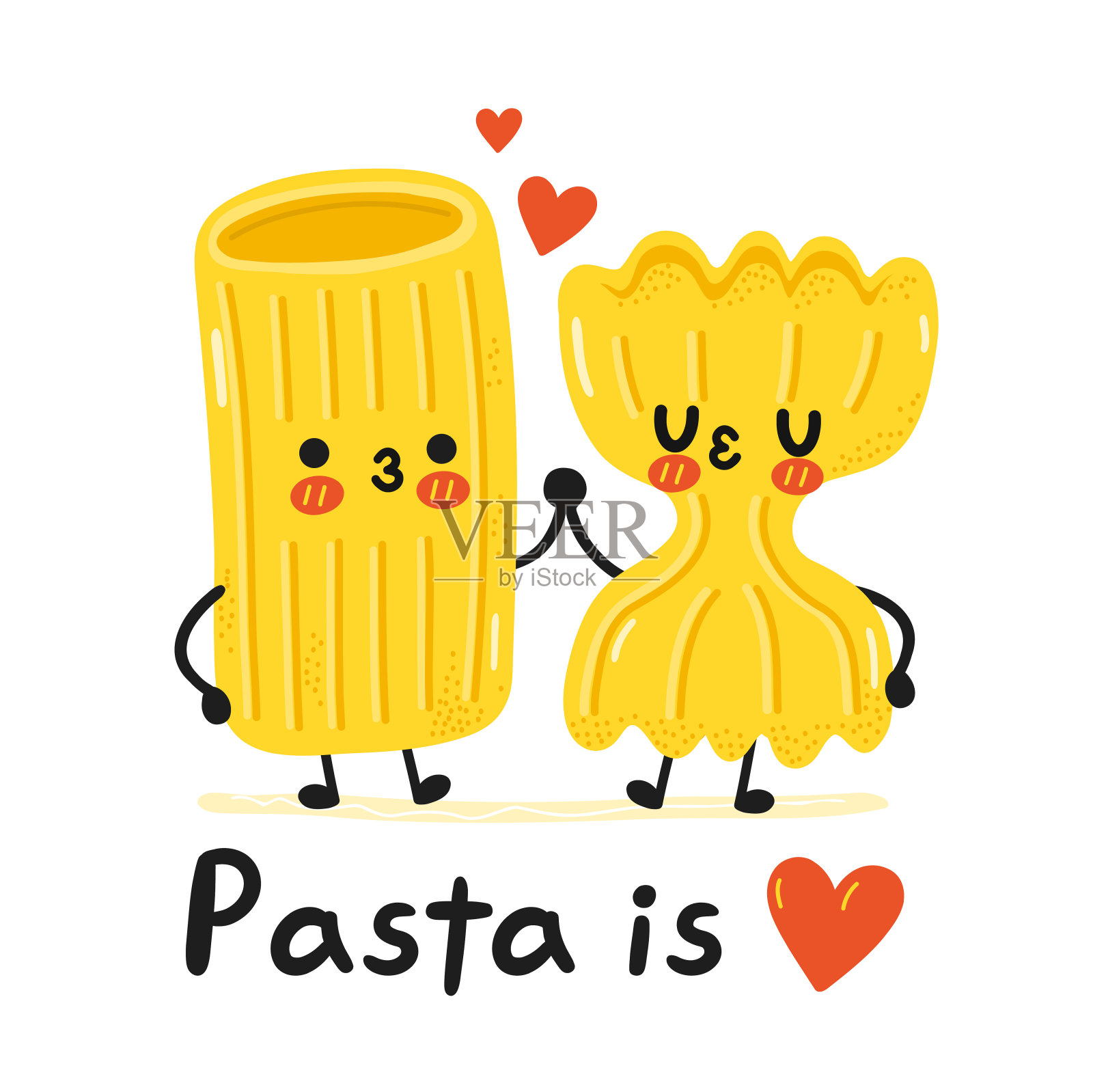可爱有趣的通心粉意面人物。意大利面是爱的口号。矢量卡通卡哇伊人物插图图标。孤立在白色背景上。可爱的通心粉面条卡通吉祥物概念插画图片素材