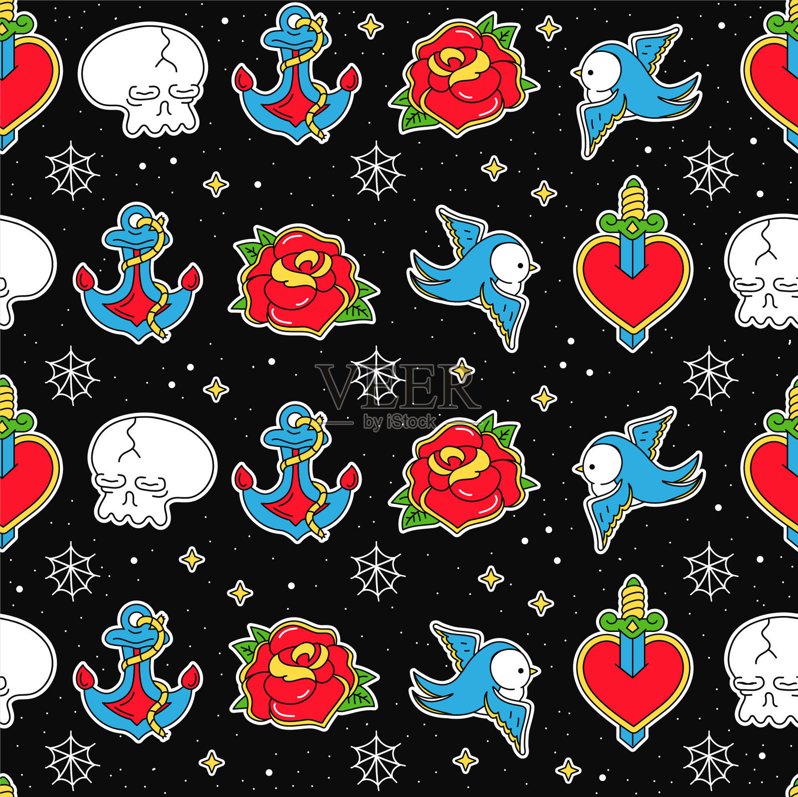 老派纹身潮人风格无缝模式。矢量手绘涂鸦卡通人物插图。老派传统纹身，锚、燕、心、刀、头盖骨、玫瑰无缝图案插画图片素材