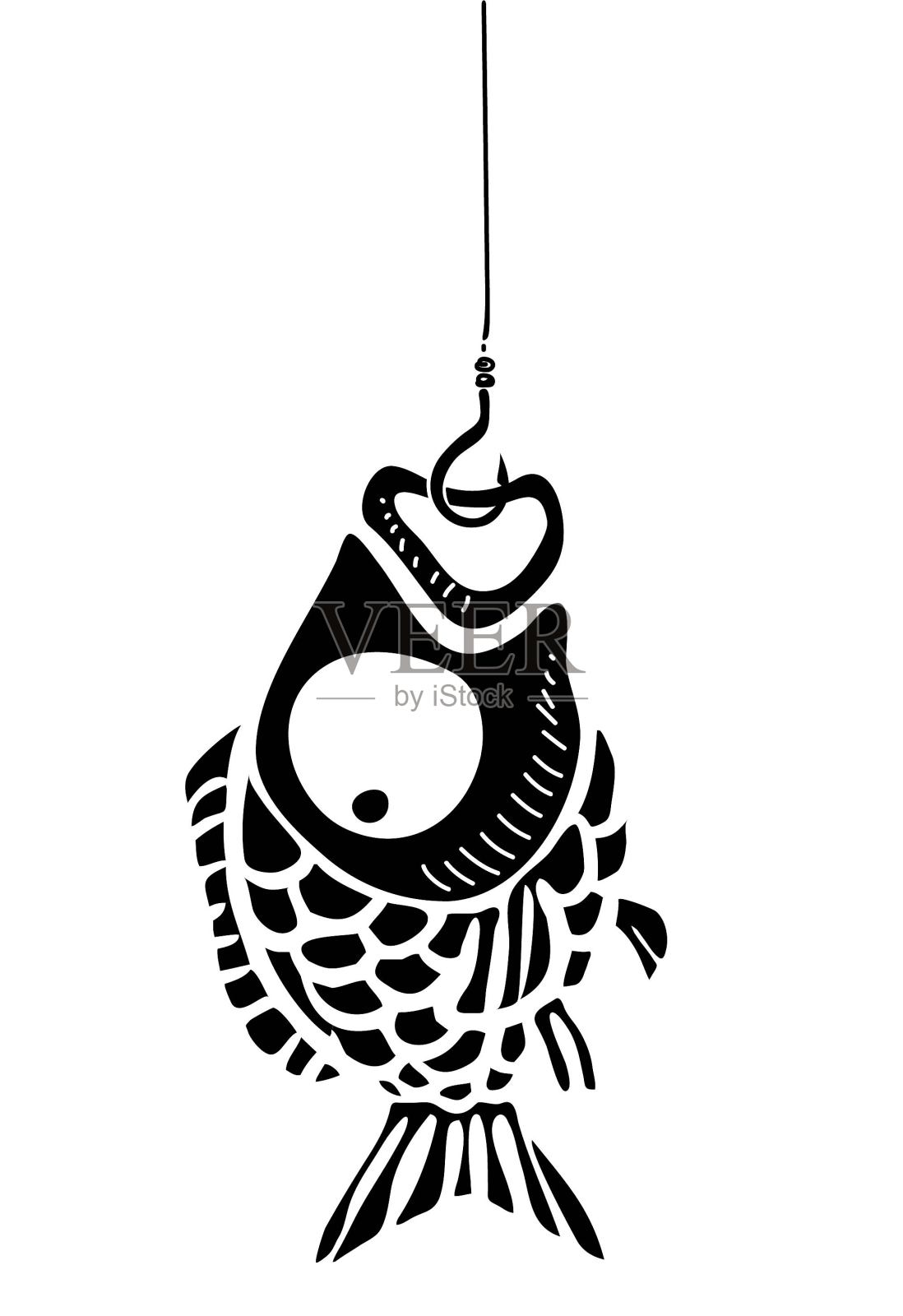 鱼和鱼钩。卡通插图。插画图片素材
