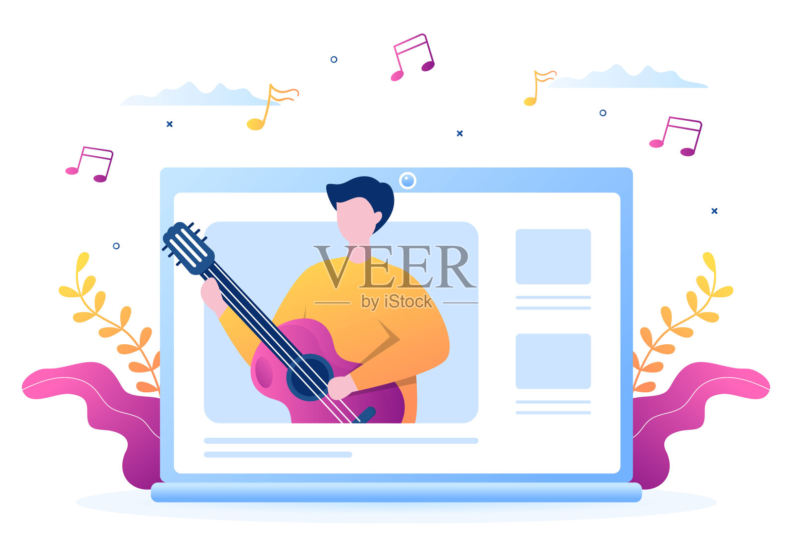 视频教程与男孩学习玩和观看在线音乐课程关于弹吉他在互联网上的海报或网络横幅。背景矢量图插画图片素材