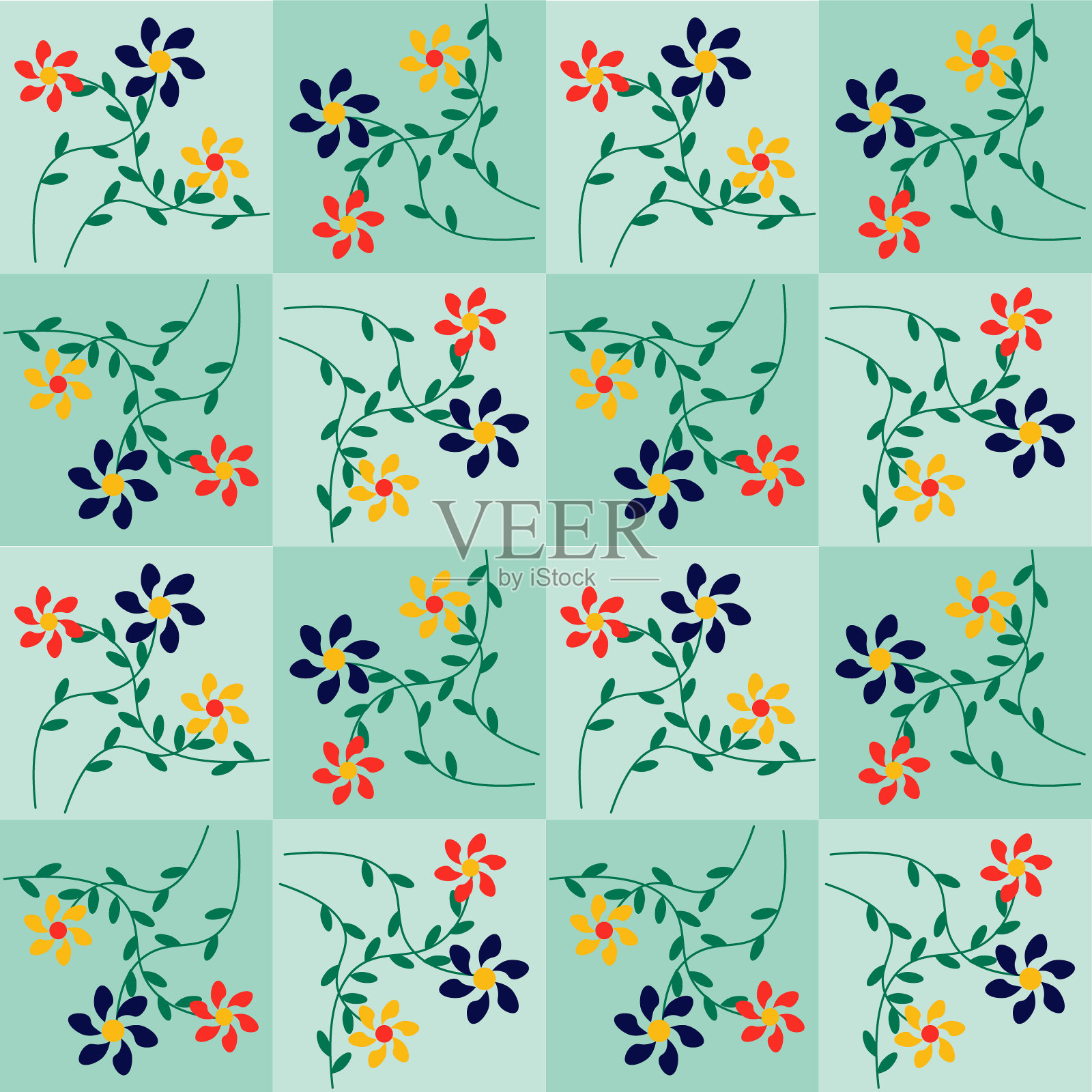 方形瓷砖上的花卉图案。一个有简单颜色图案的正方形。插画图片素材