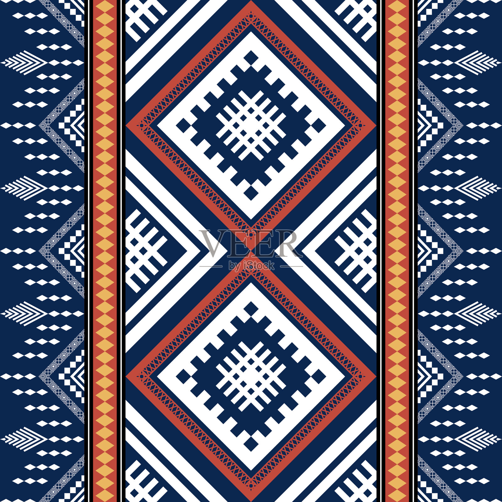 海军蓝几何民族东方无缝图案泰国传统的设计背景，地毯，墙纸，服装，包装，蜡染，织物，矢量插图。刺绣风格插画图片素材