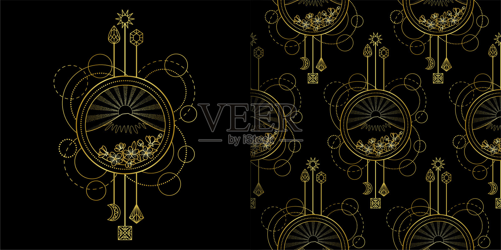 金山和太阳印刷和无缝模式设定插画图片素材