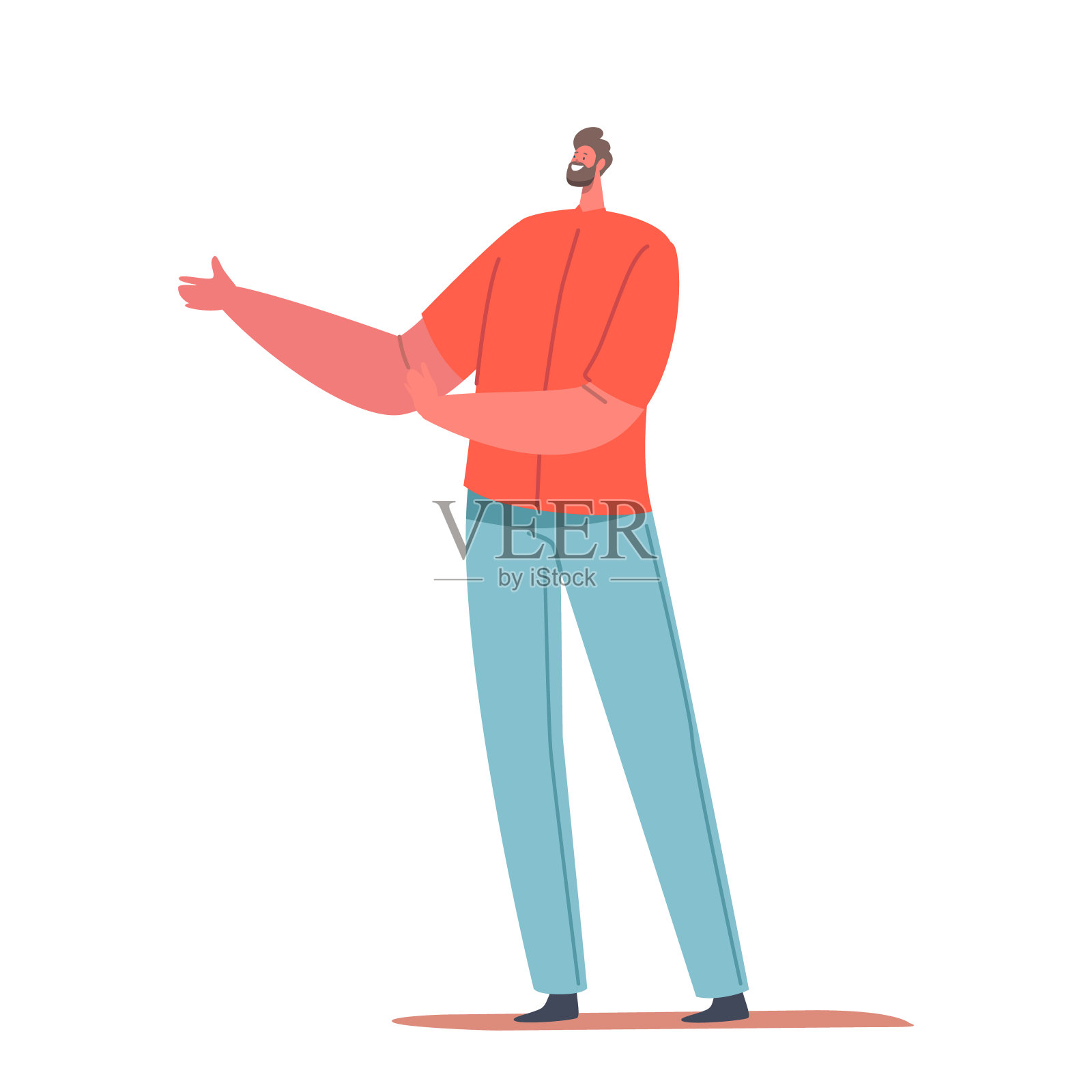 红色衬衫和牛仔裤的男性角色被孤立在白色背景下。单身大胡子男人，积极友好设计元素图片