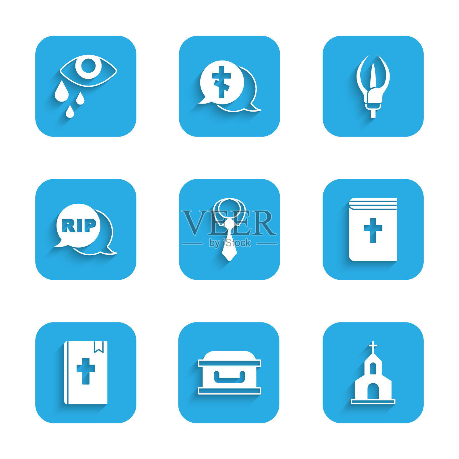 套领带，棺材与十字架，教堂建筑，圣经书，演讲泡沫撕裂死亡，百合花和泪眼图标。向量图标素材