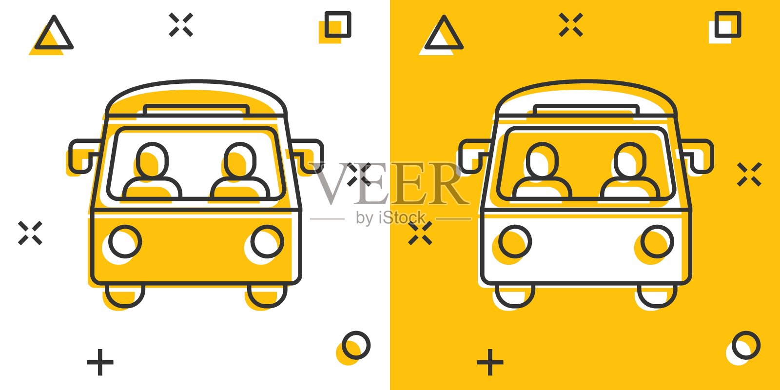 漫画风格的巴士图标。教练卡通矢量插图在白色孤立的背景。巴士车辆飞溅效应经营理念。插画图片素材