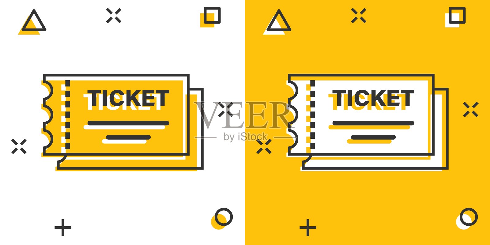 漫画风格的电影票图标。承认一个优惠券入口卡通矢量插图在白色孤立的背景。票务飞溅效应经营理念。设计模板素材