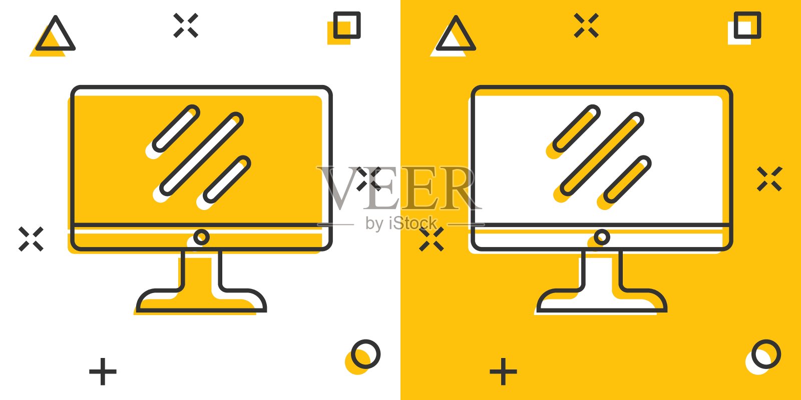 电脑显示器图标在漫画风格。电视显示卡通矢量插图孤立的背景。监控象形喷溅效果的经营理念。插画图片素材