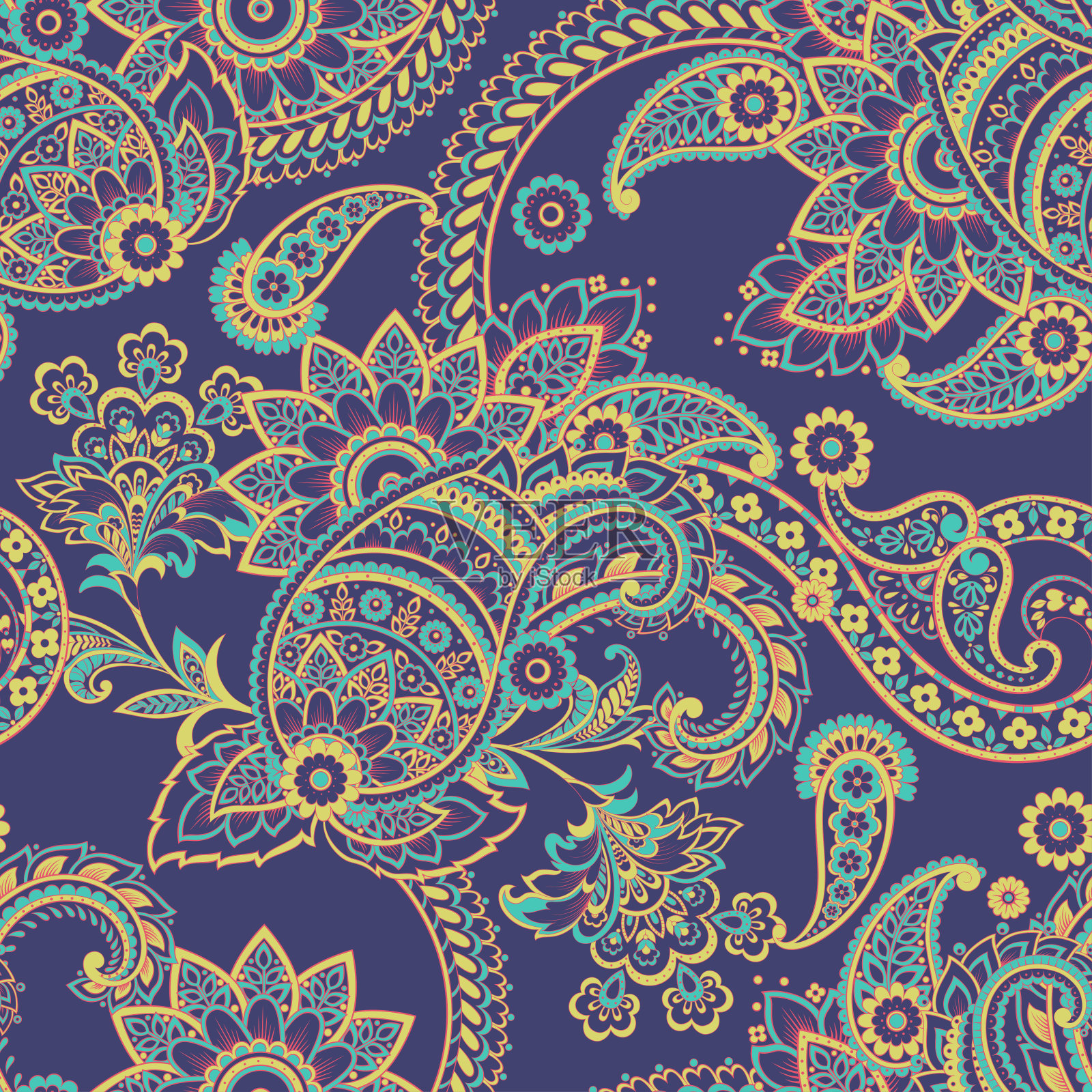 佩斯利矢量无缝模式。神奇的花,叶子。纺织波希米亚打印。蜡染画。古董插画图片素材