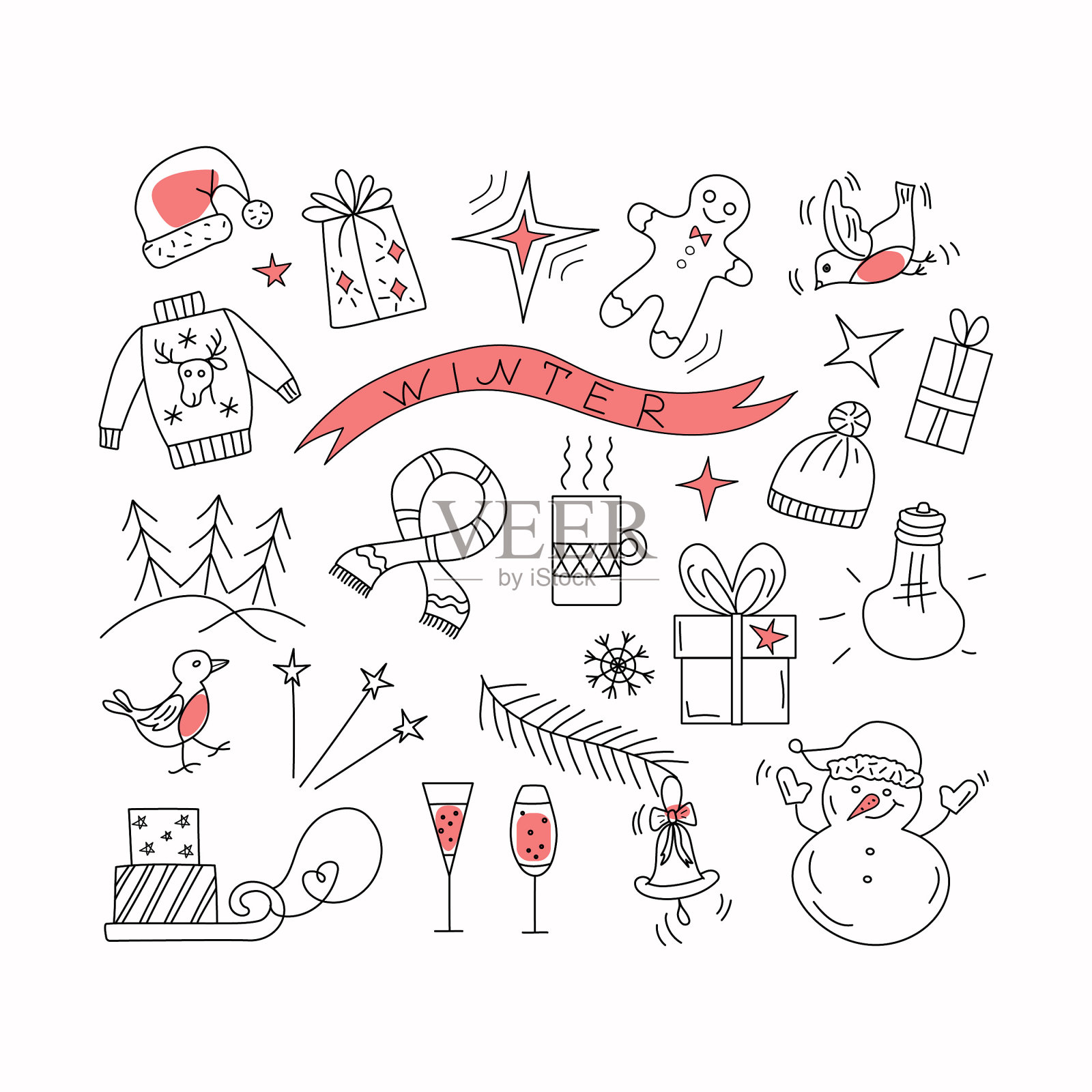 一套冬季图标。新年矢量图。圣诞节。插画图片素材