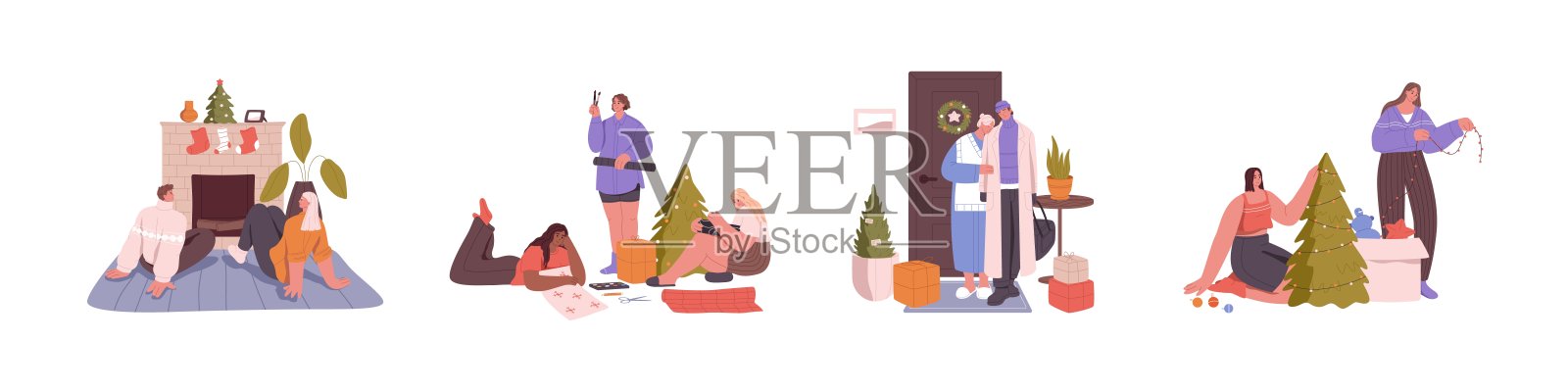 圣诞节和快乐的人们一起在家准备寒假。家人，夫妻和朋友在圣诞节和新年前夜。平面矢量插图孤立在白色背景设计元素图片