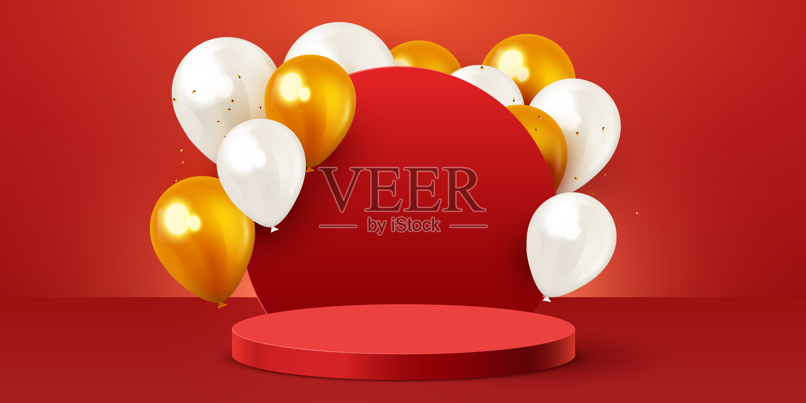 现场讲台上挂着金色的气球。产品展示，模型。讲台，台座或平台。插画图片素材