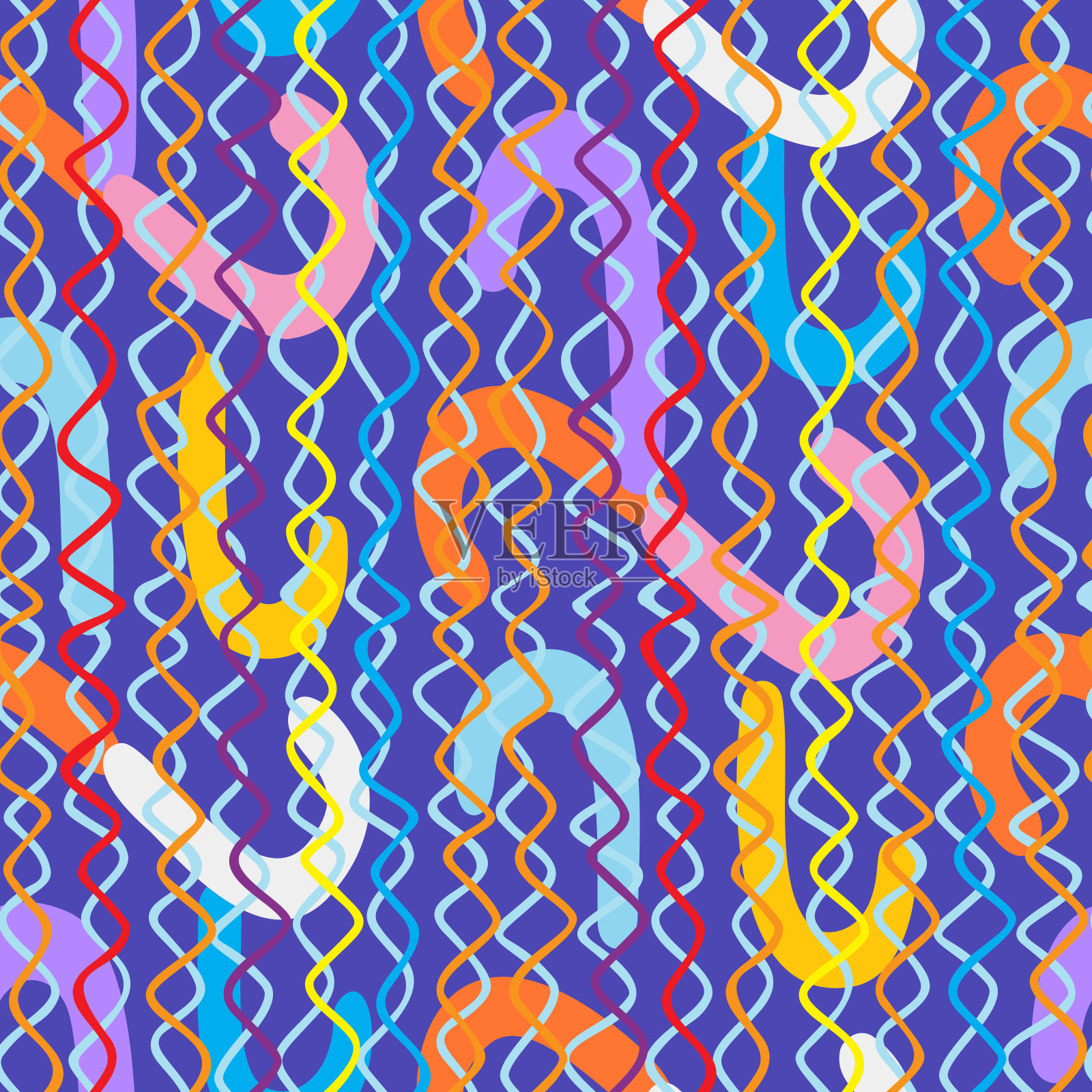 时尚的几何背景由孤立的彩色大胆曲线与Rabitz网格纹理。风格。无缝设计。插画图片素材