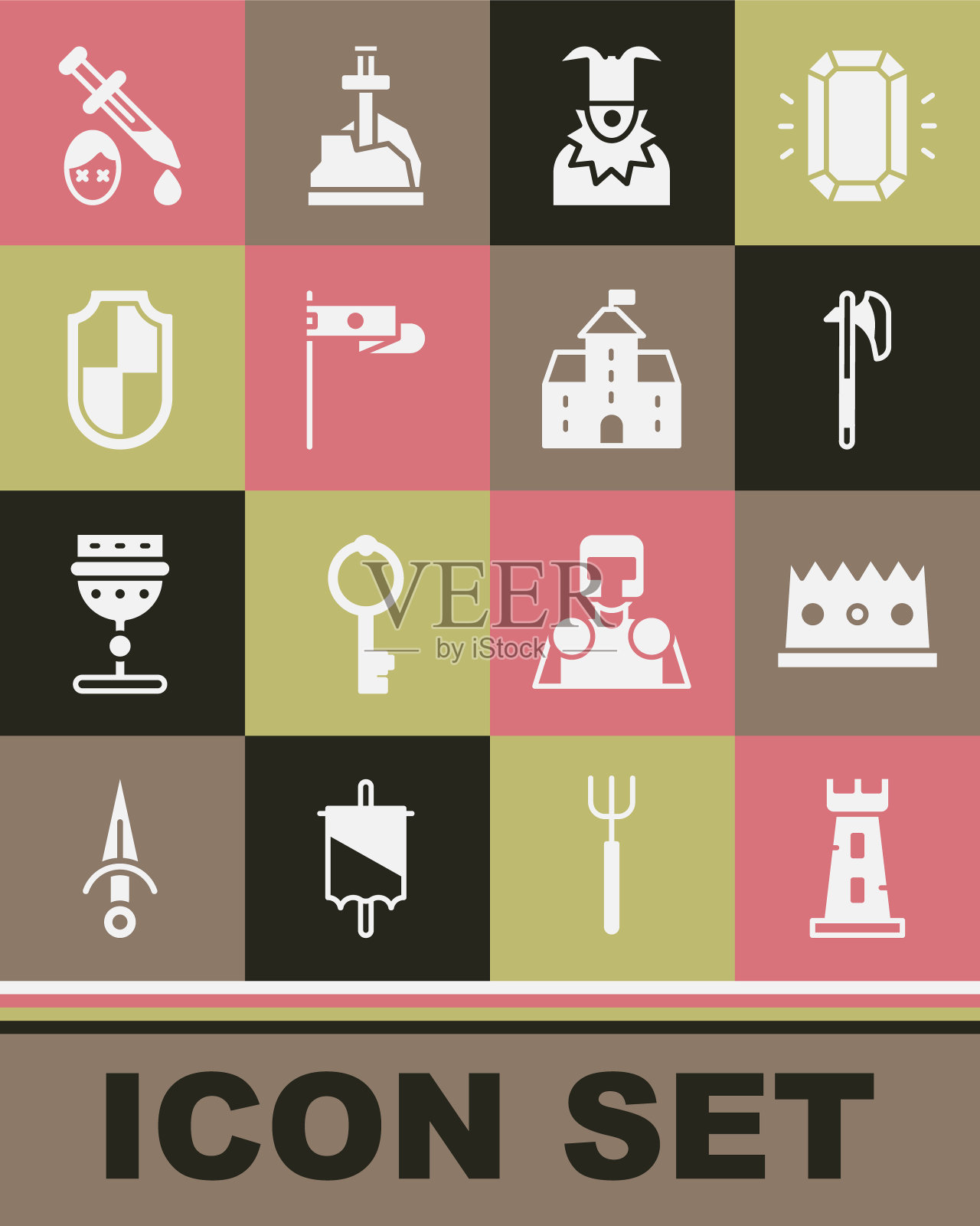 设置城堡塔，国王王冠，中世纪斧头，小丑头，旗帜，盾牌，剑与血和城堡，堡垒的图标。向量图标素材