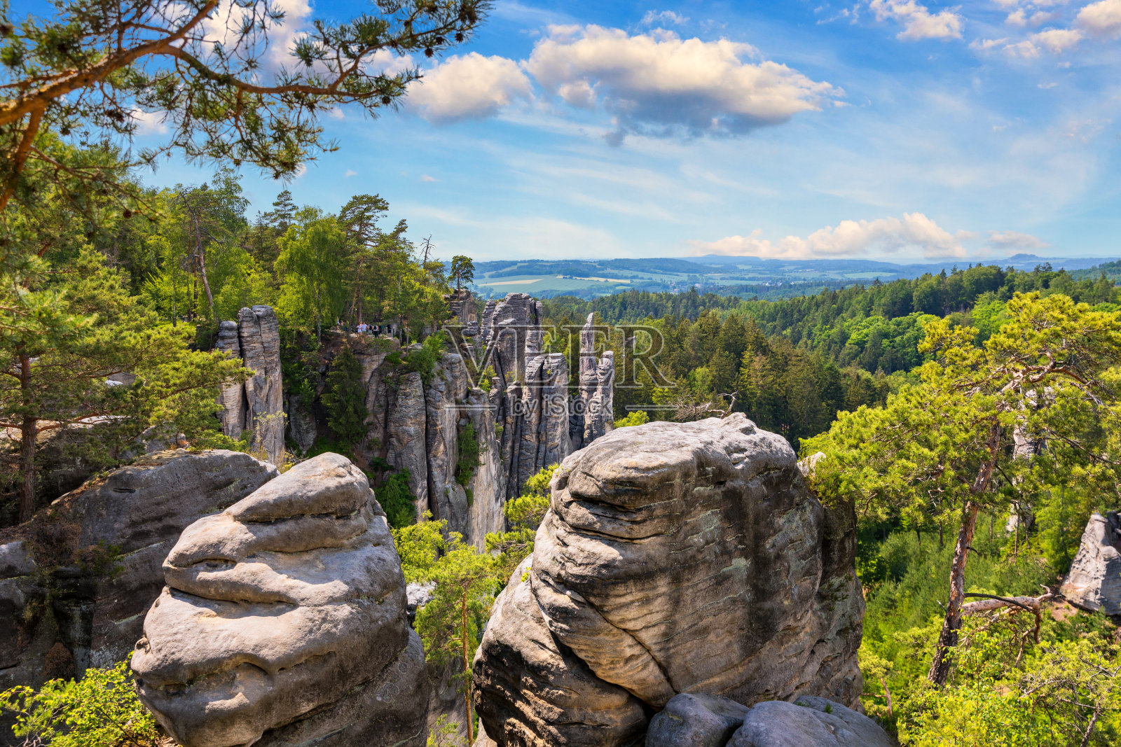 捷克共和国切斯基拉吉地区的普拉科夫岩石(普拉科夫斯基skaly)。在充满活力的森林中形成砂岩。普拉科夫岩石，捷克:普拉科夫斯基skaly，在波希米亚天堂，捷克共和国。照片摄影图片
