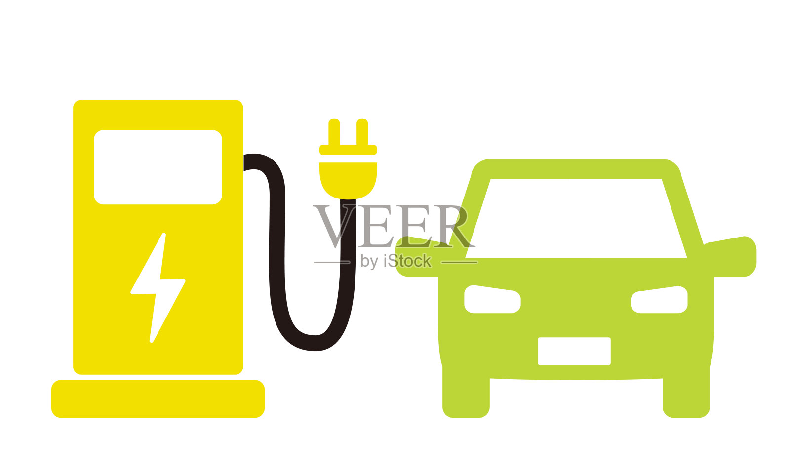 这幅插图描绘了一辆电动汽车和一个充电站。插画图片素材