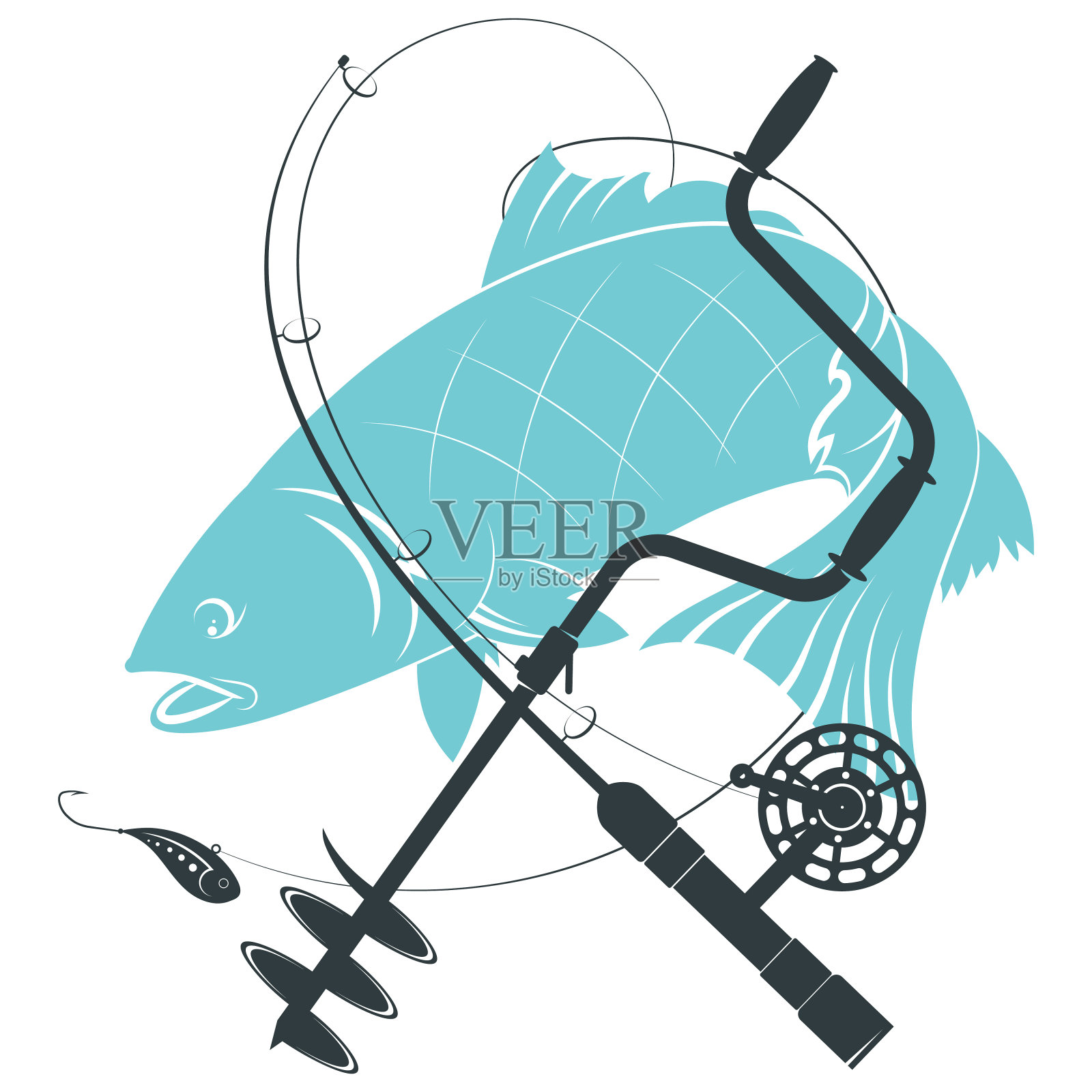 冰钓的鱼和钓竿插画图片素材