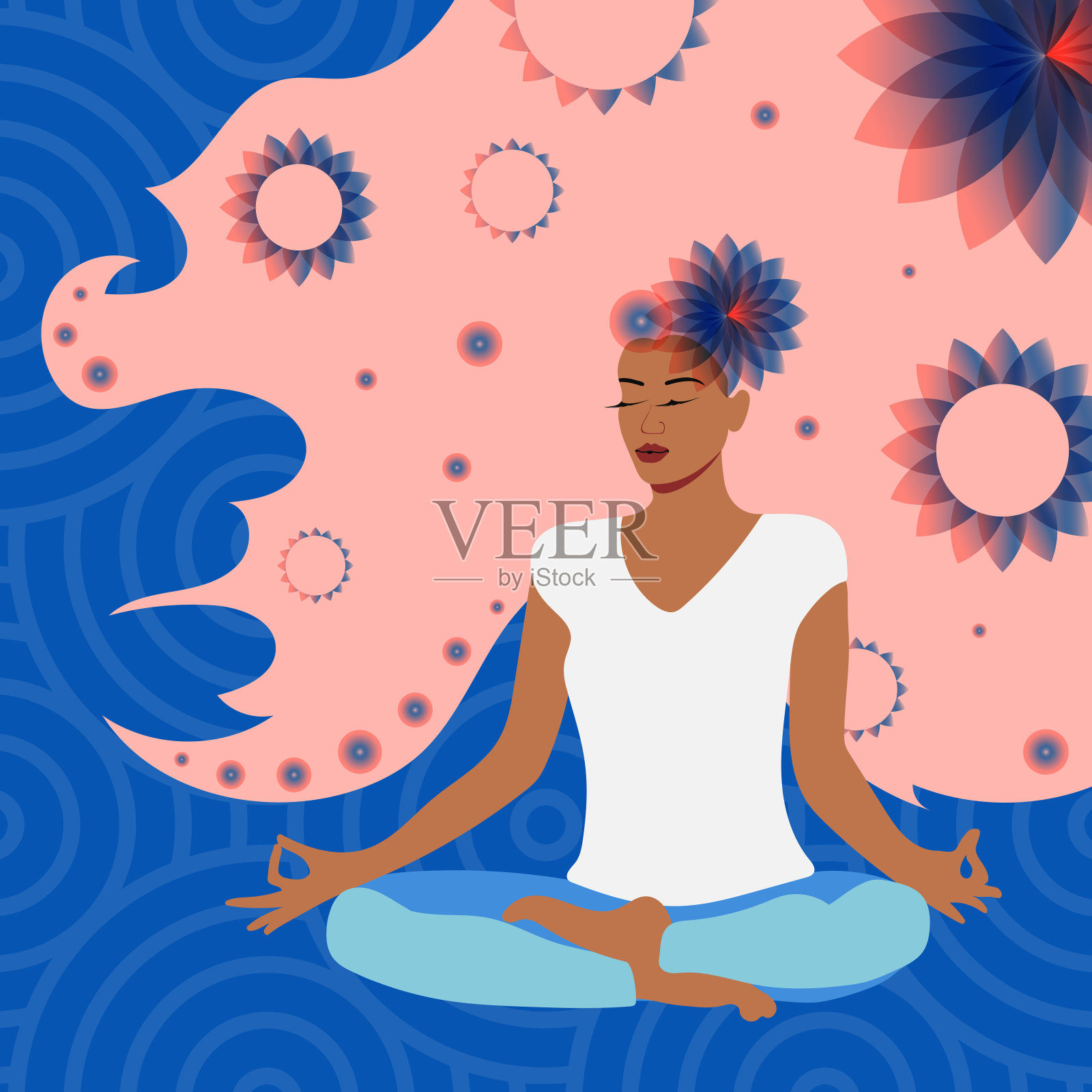 粉色长发的现代女孩从事心理健康，坐着莲花坐着冥想。心里会做梦，感到轻松。插画图片素材