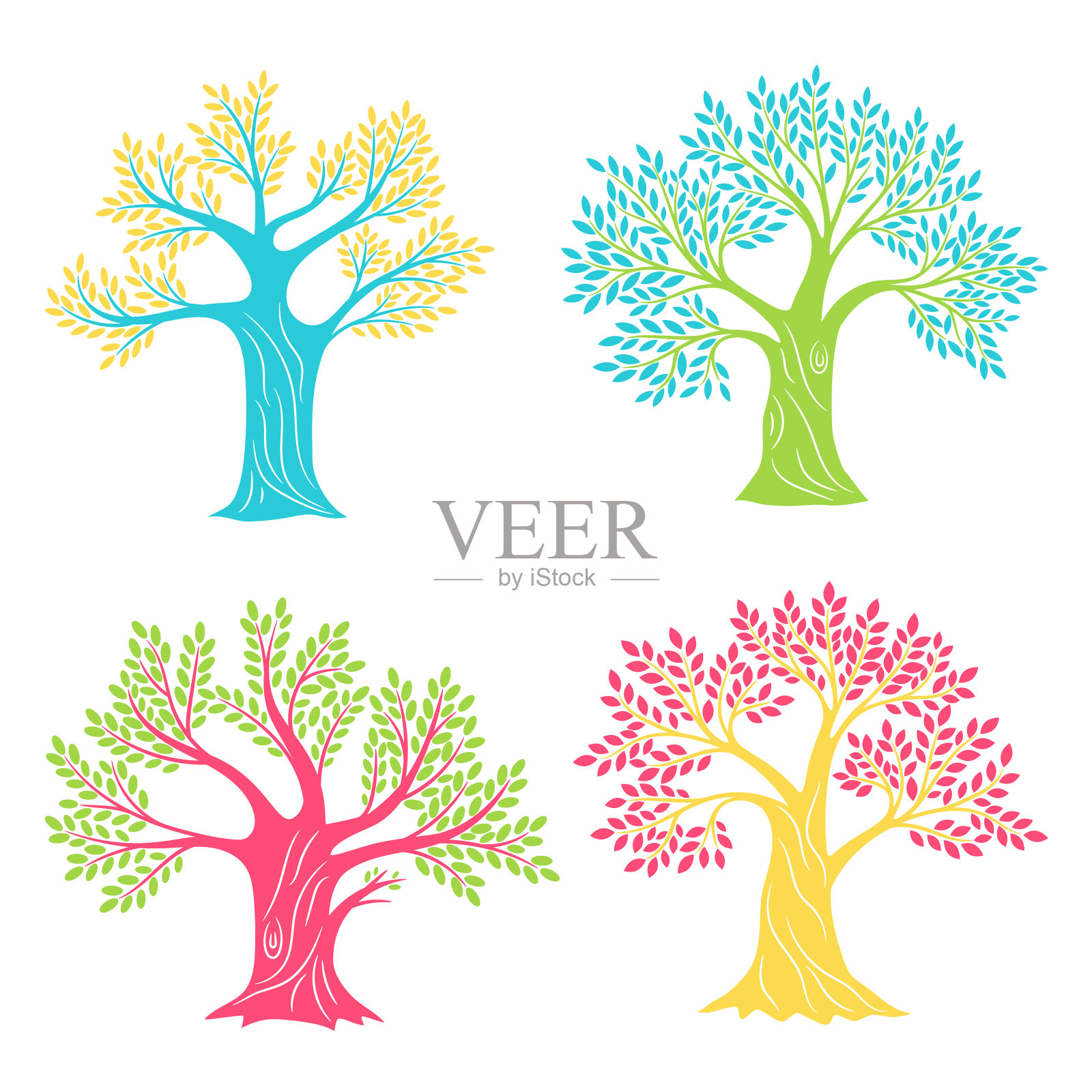 彩色的橡树。山毛榉或橄榄古色古香树集素描孤立的标志，复古橡树剪影彩色艺术品创意矢量插图插画图片素材