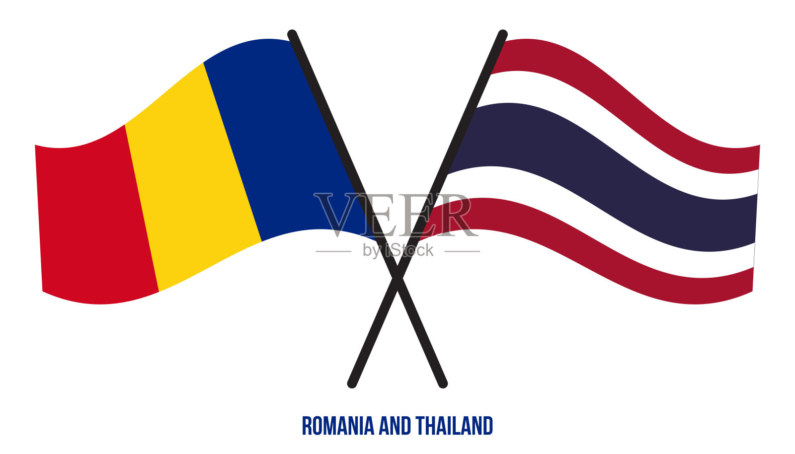 罗马尼亚和泰国国旗交叉和平坦的风格。官方的比例。正确的颜色。设计元素图片
