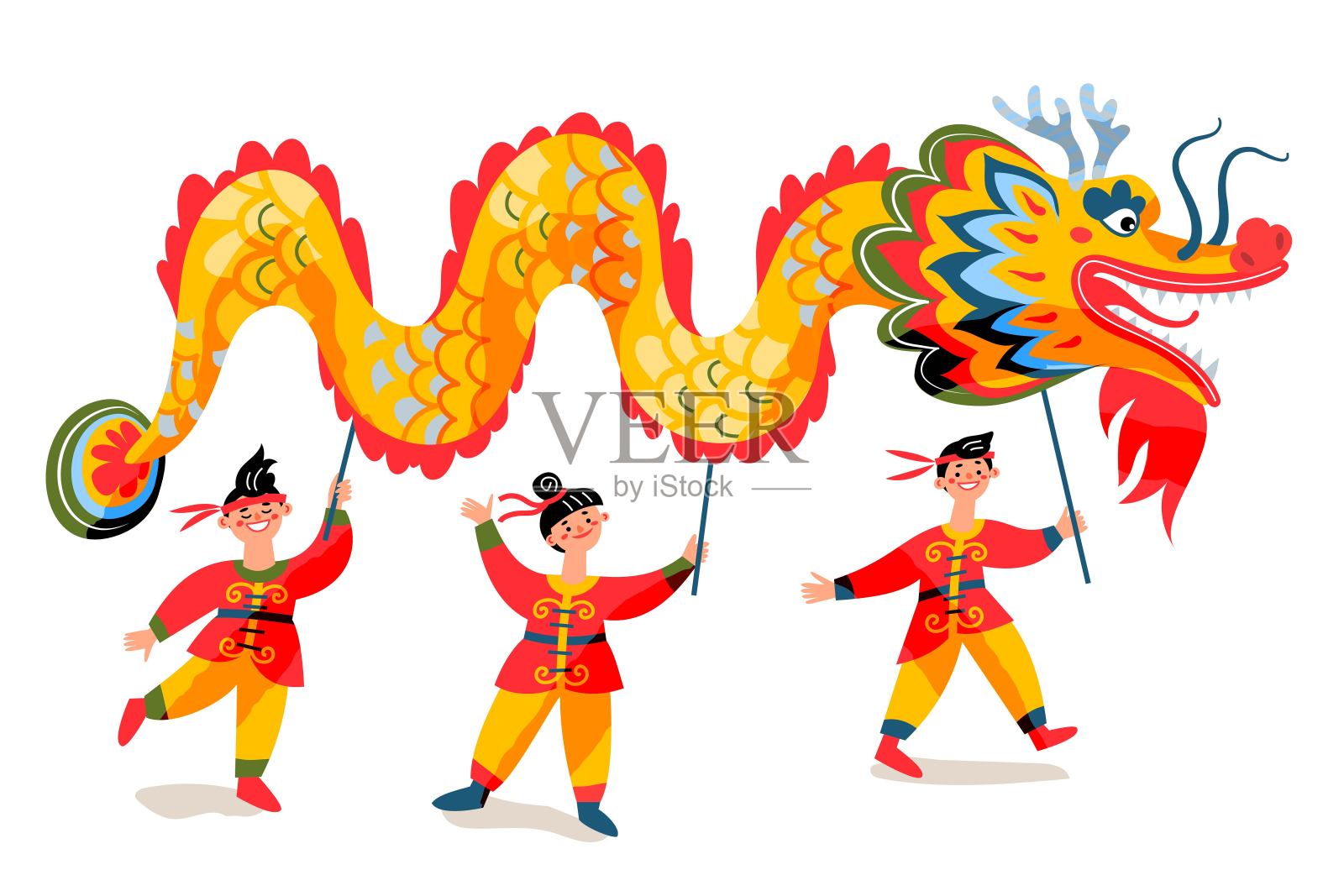 人们抱着中国新年的龙。传统亚洲节日矢量插图。男孩和女孩走在白色背景的龙纸动物庆祝节日插画图片素材