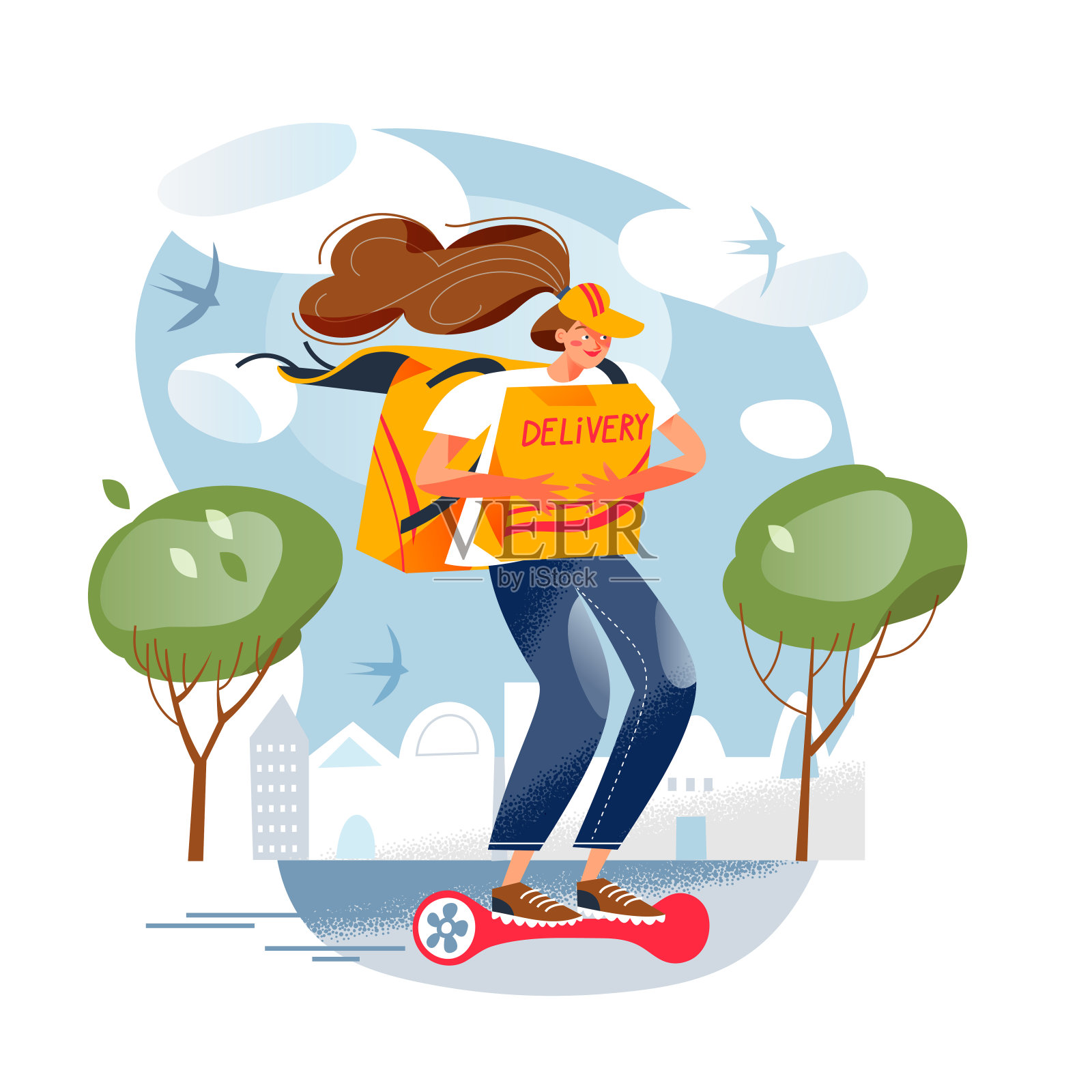 快速快递服务，电动生态运输，女快递骑悬浮滑板插画图片素材