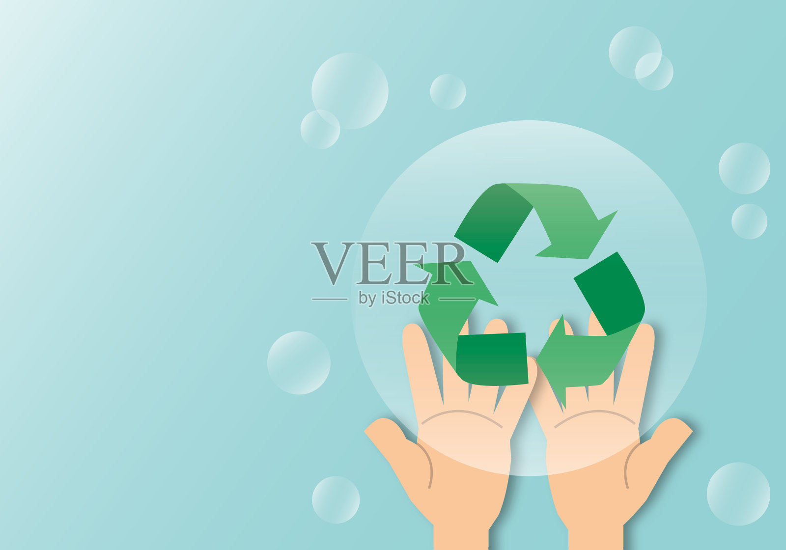 手握环保回收标志与白色气泡的淡蓝色背景。生态工程的概念。插画图片素材