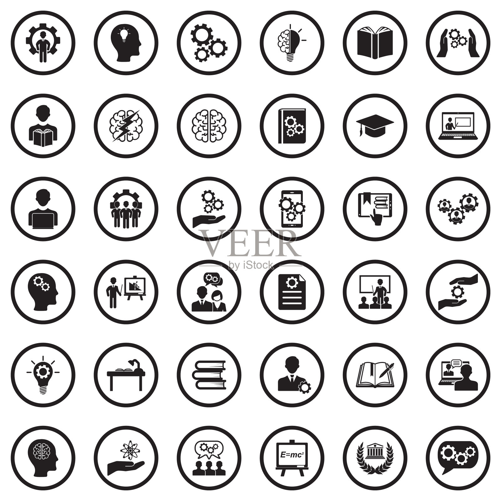 知识和思维的图标。圆形黑色平面设计。矢量插图。设计元素图片