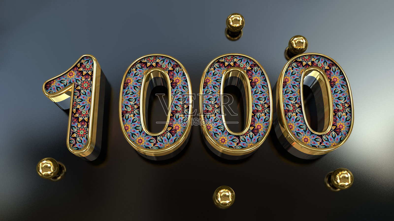 复古皇家黄金花卉图案1000数字与黄金金属球上方的玻璃平面3d照片摄影图片