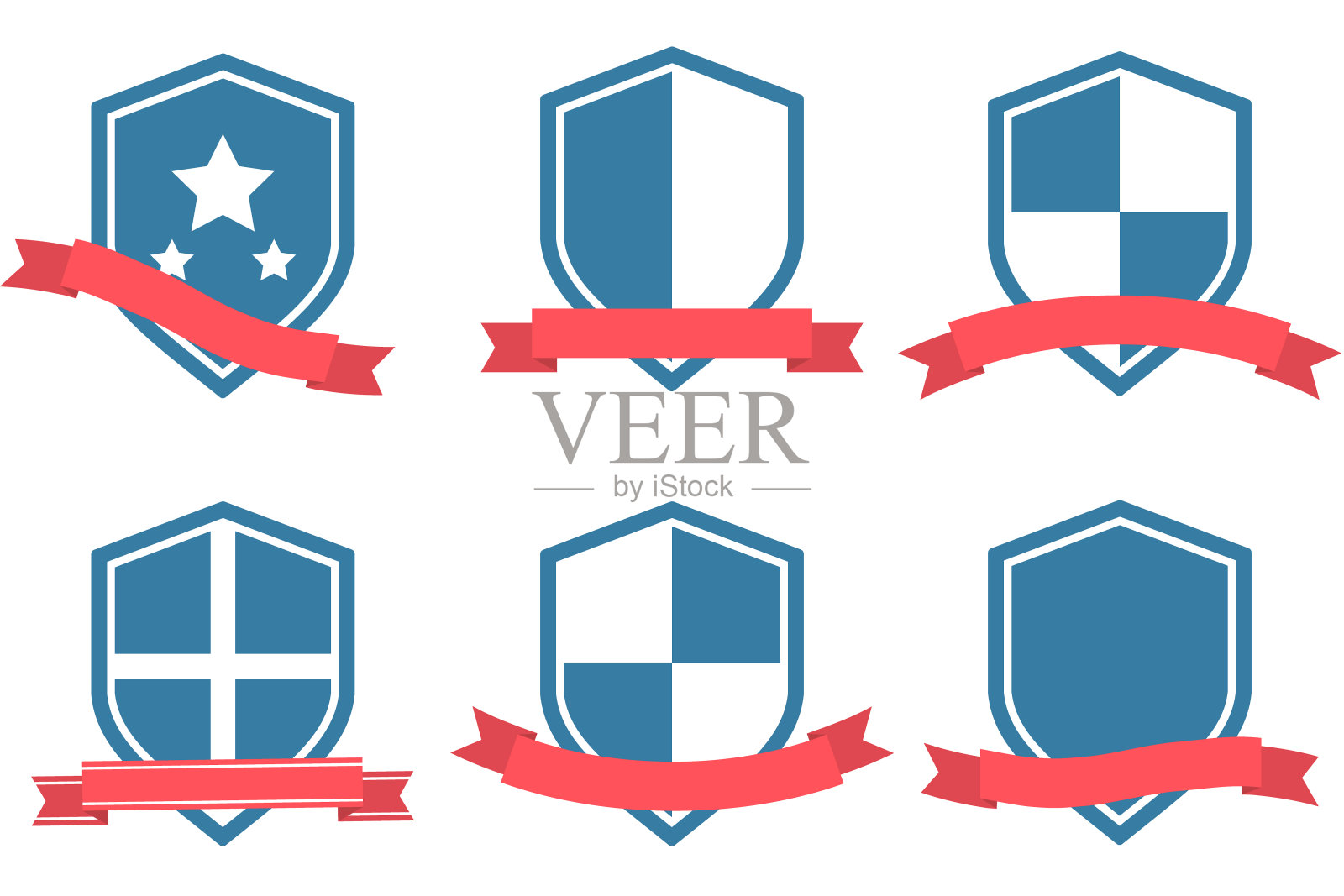 戴着节日丝带的盾牌。一套蓝色盾牌与红色丝带孤立在白色背景。一套平面设计的盾牌。矢量插图的卡通设计。向量。插画图片素材