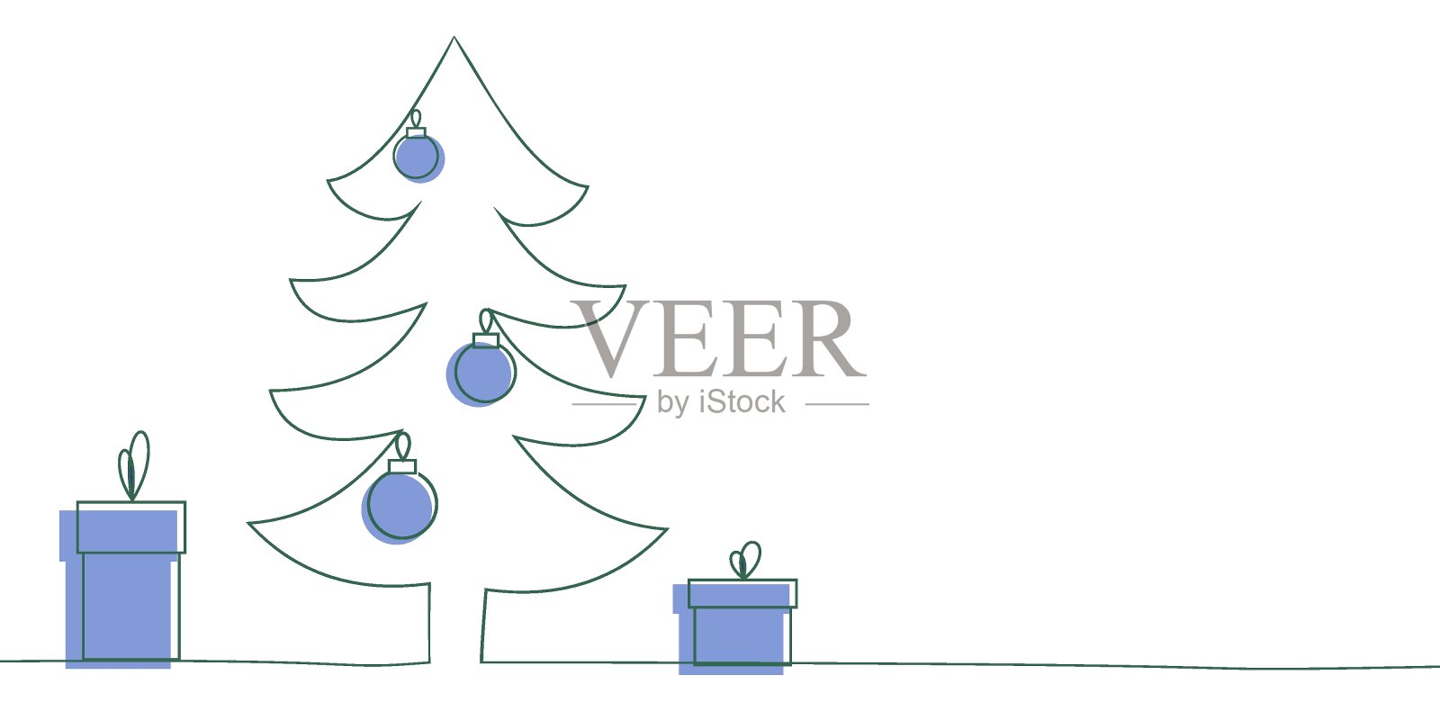 圣诞树和礼品盒，连续线画邀请设计，复制空间插画图片素材