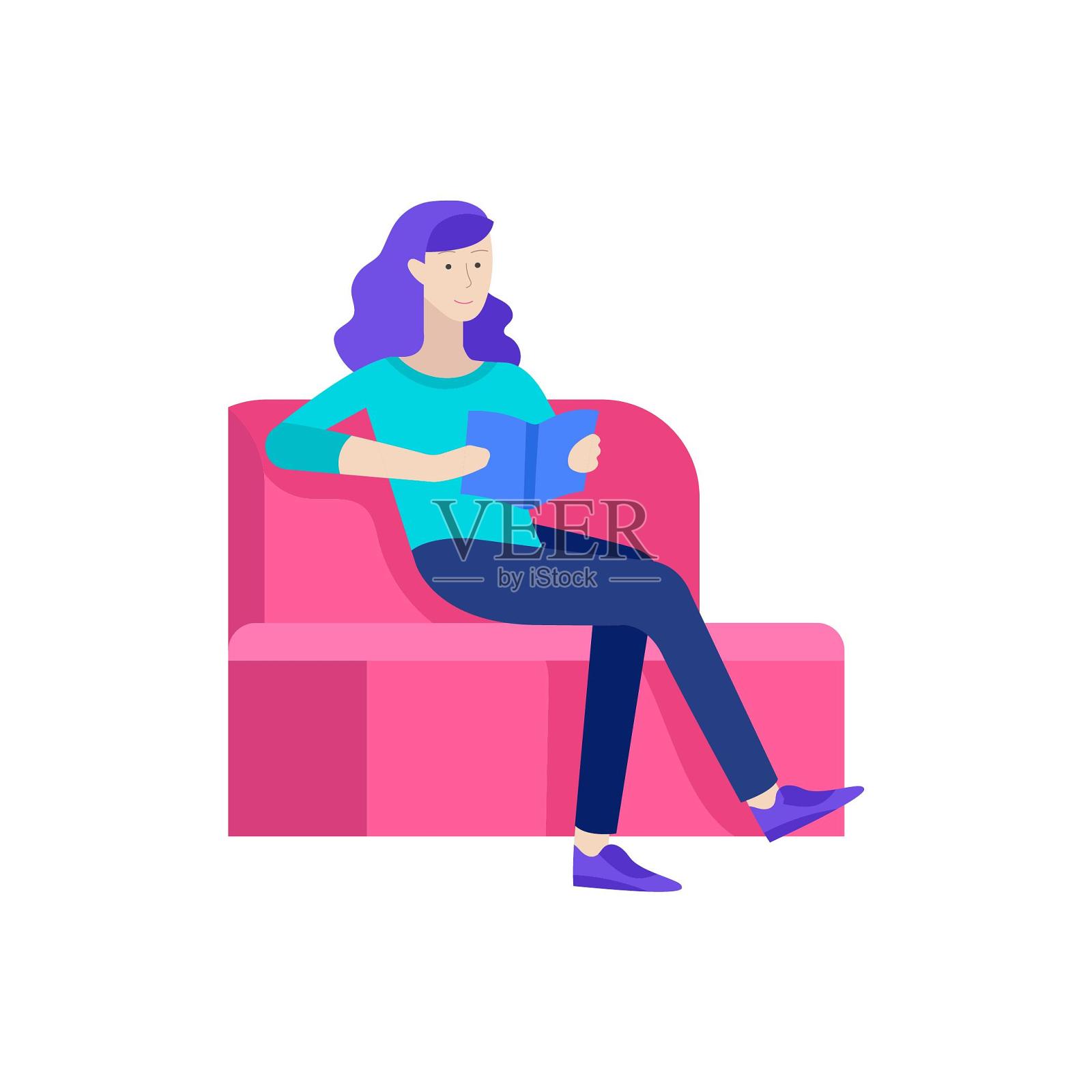 手绘插画人物看书沙发坐着素材设计元素图片