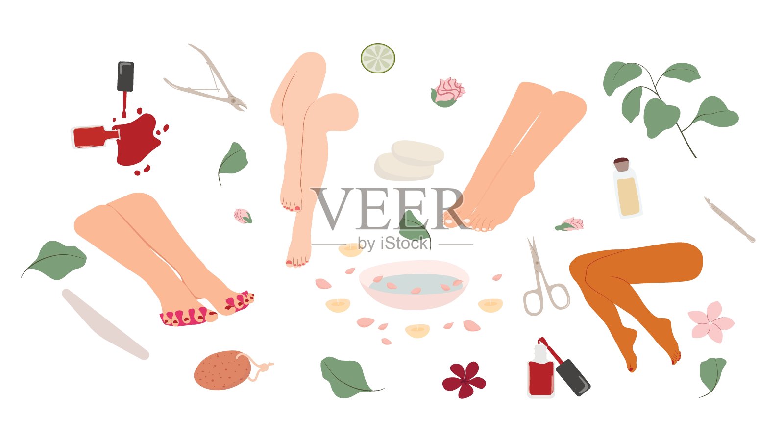 的插图。女性足部有修脚、修脚工具、花。整容手术。脚部及指甲皮肤护理。插画图片素材