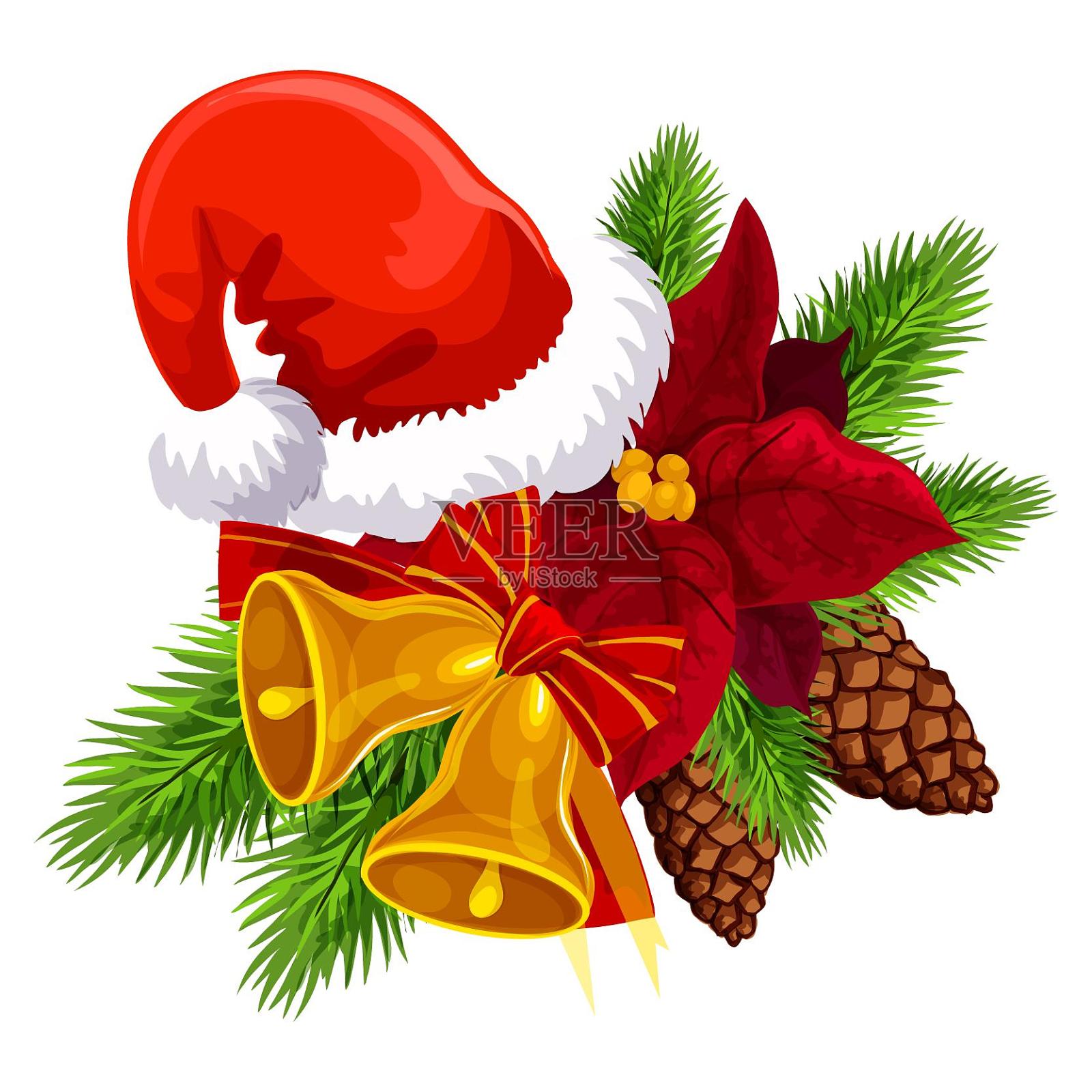 圣诞节圣诞帽铃铛松果植物设计元素图片