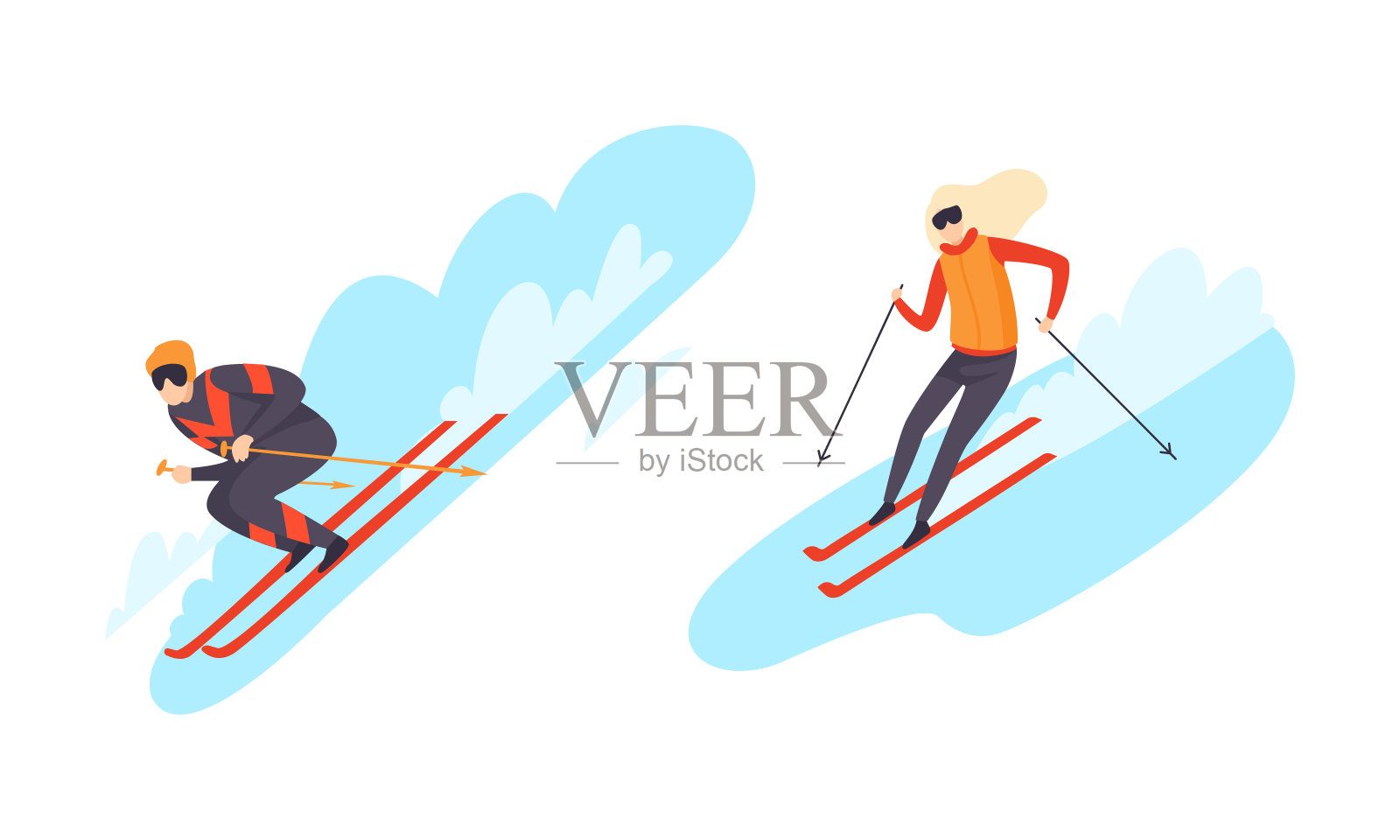 男子和女子角色从事极限运动滑雪向量集插画图片素材