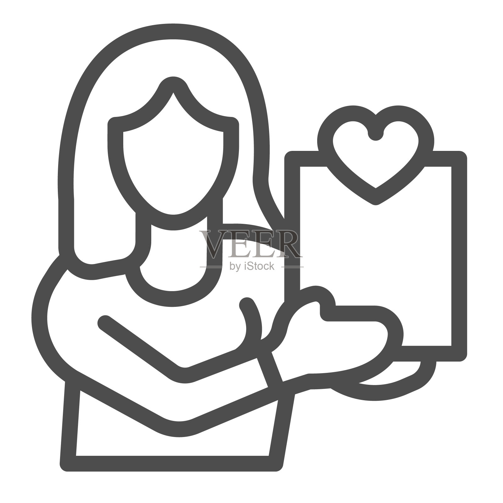 带有心形线的女人和纸张图标，约会概念，白色背景上的约会问卷矢量符号，移动概念和网页设计的轮廓样式图标。矢量图形。图标素材