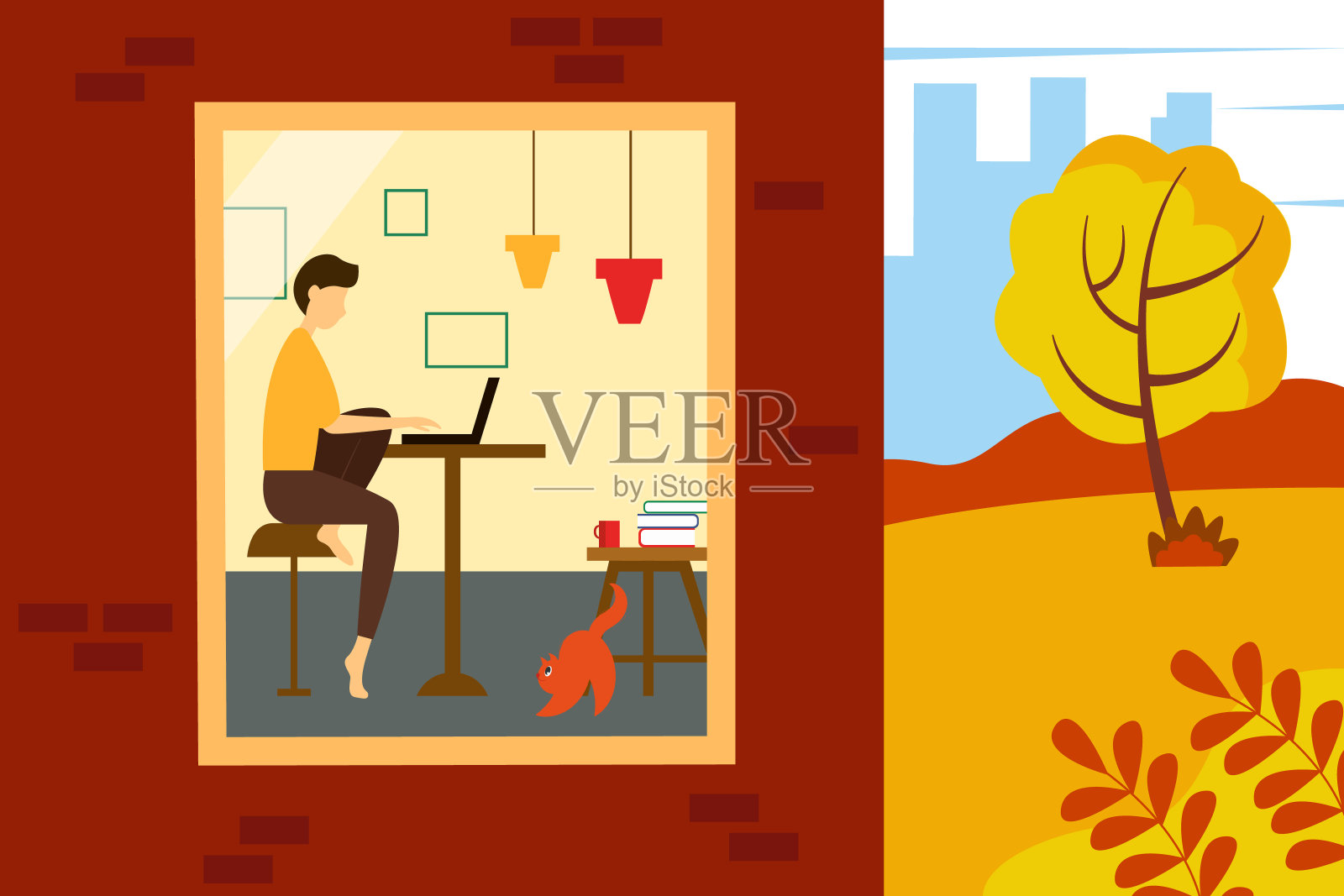 男性自由职业者在家工作。半所房子和一条街道的插图。秋天矢量可爱插图在平面风格。插画图片素材