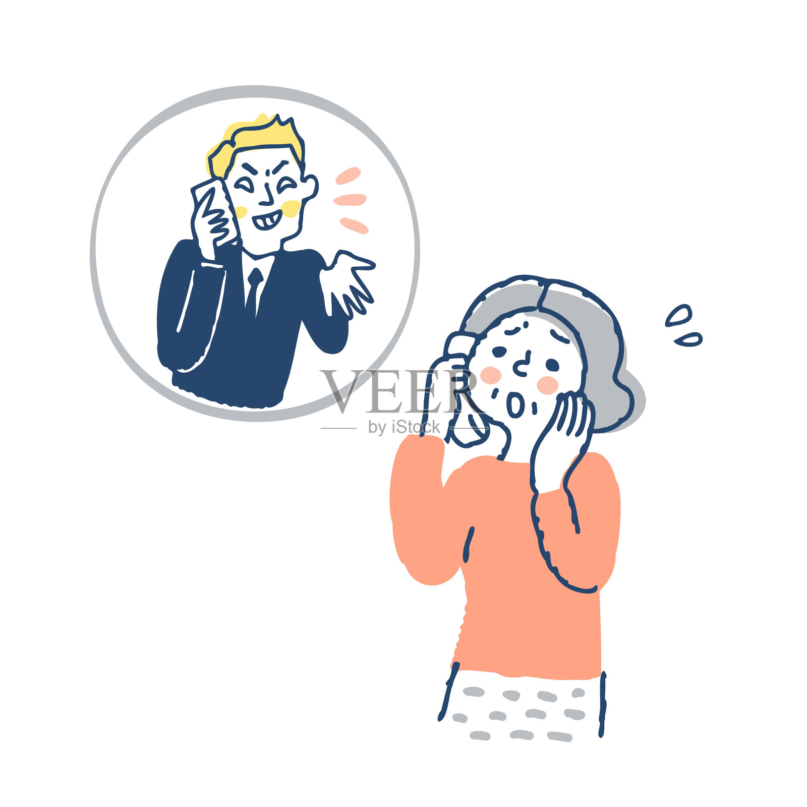 一位老年妇女遭受电话诈骗插画图片素材