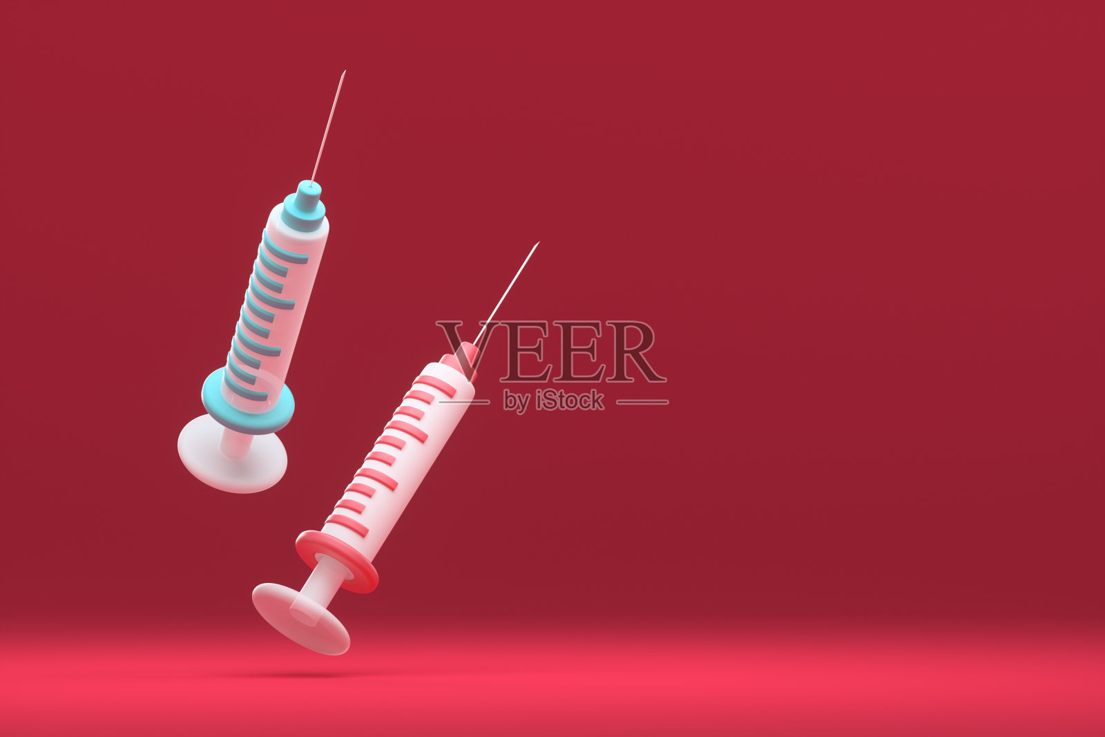 红色背景上的卡通注射器。疫苗预防冠状病毒的概念。3 d渲染插图。照片摄影图片