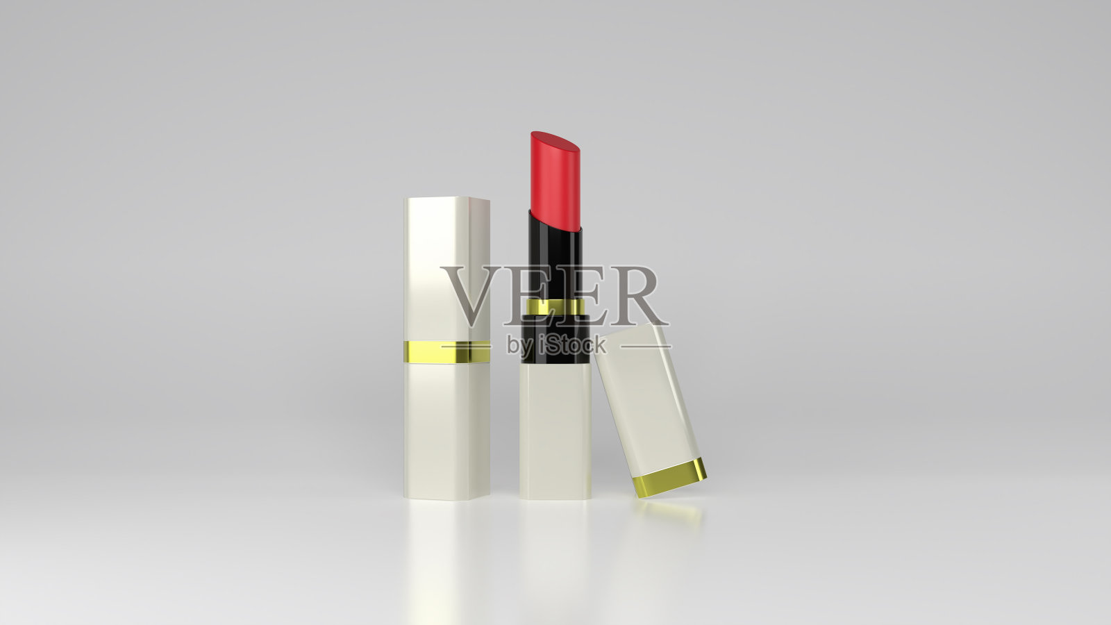 时髦的口红搭配黑色、金色和白色的帽子。性感的红色。化妆品广告。3d渲染。照片摄影图片