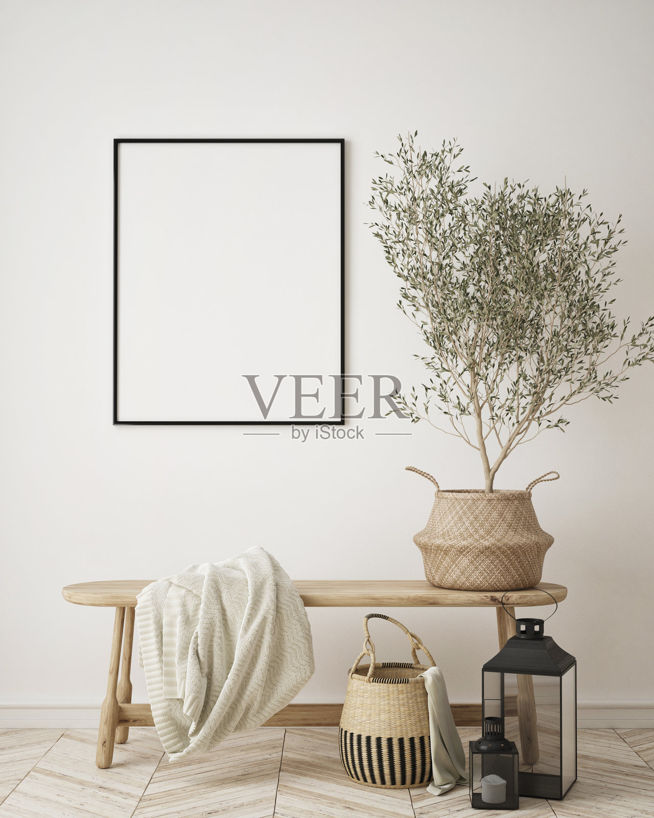 模拟海报框架在现代室内背景，客厅，斯堪的纳维亚风格，3D渲染，3D插图照片摄影图片