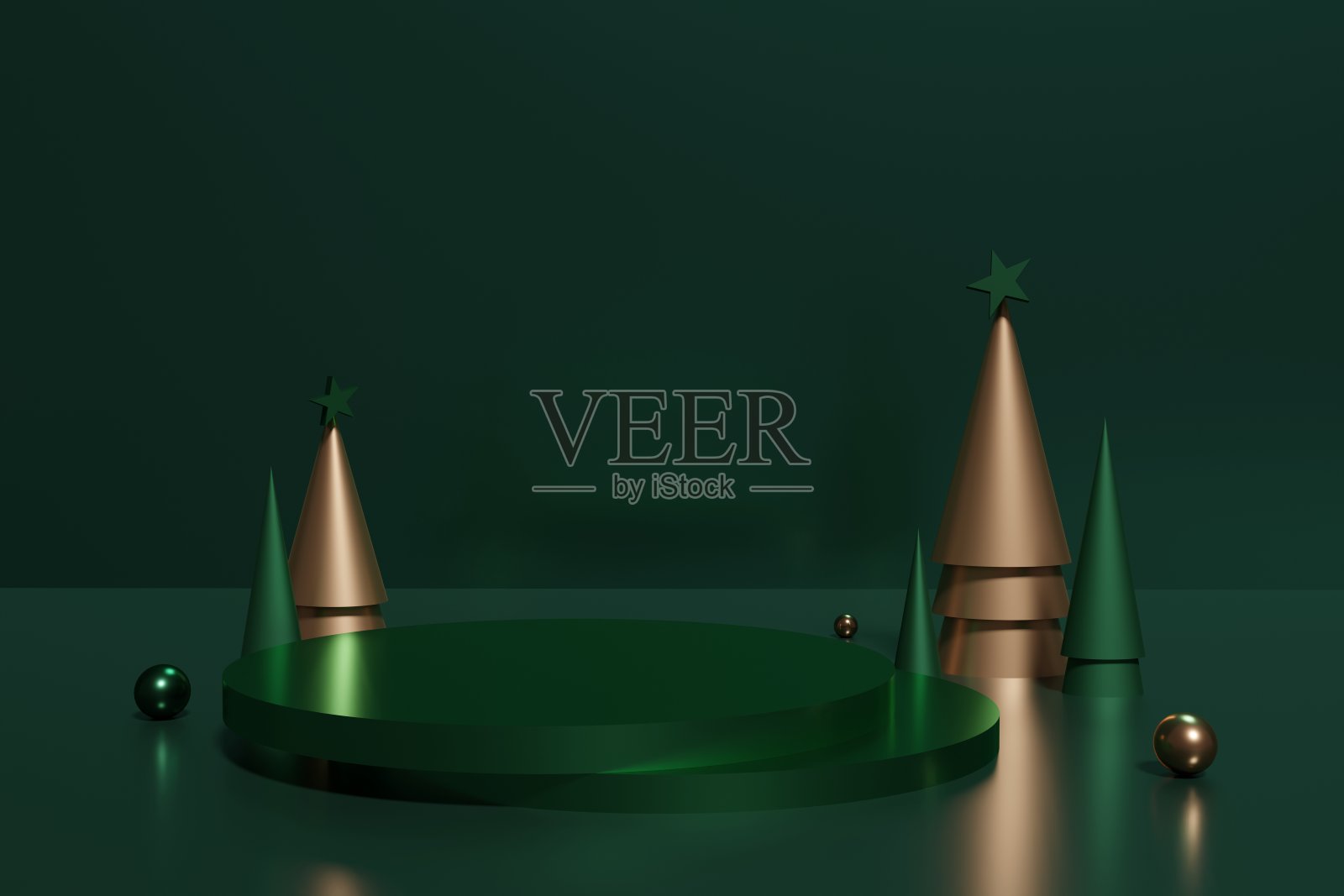 3d渲染绿色讲台和金色圆锥形圣诞树与球和星星在黑暗的翡翠背景照片摄影图片