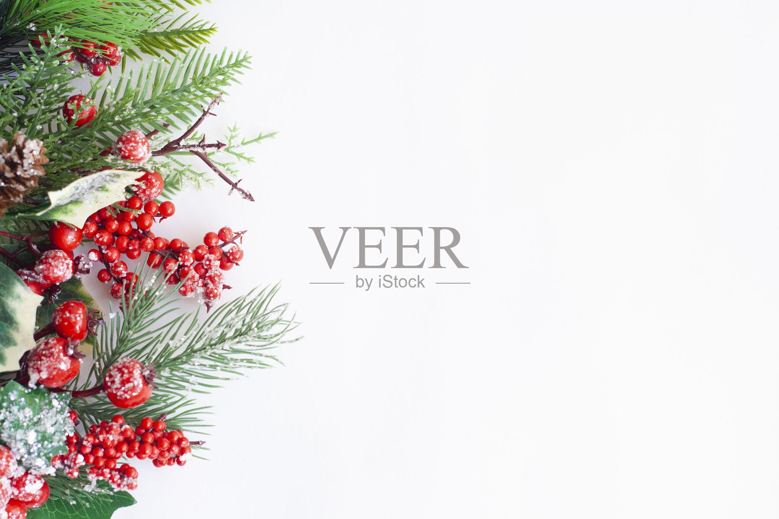 白色背景上有红色浆果和甜筒的圣诞树树枝，复制空间照片摄影图片