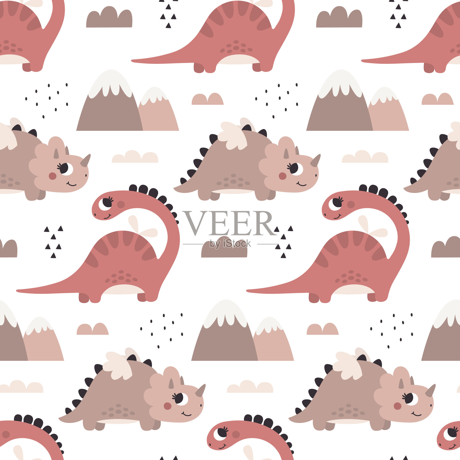 可爱的恐龙矢量无缝模式与恐龙女孩，植物，山脉，石头在流行的波西米亚色彩插画图片素材