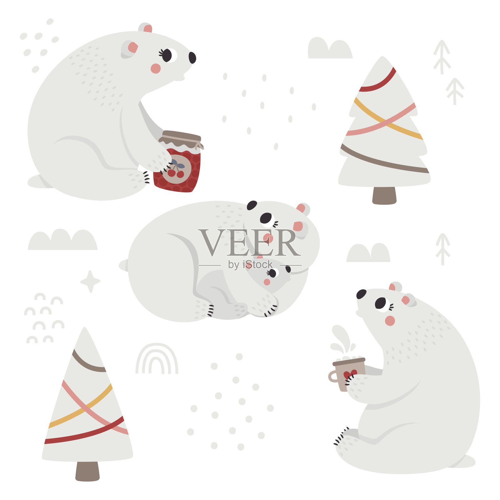 圣诞节野生冬季向量可爱的剪贴画与北极熊字符，熊宝宝，圣诞树，装饰元素，鸟，新年插图插画图片素材