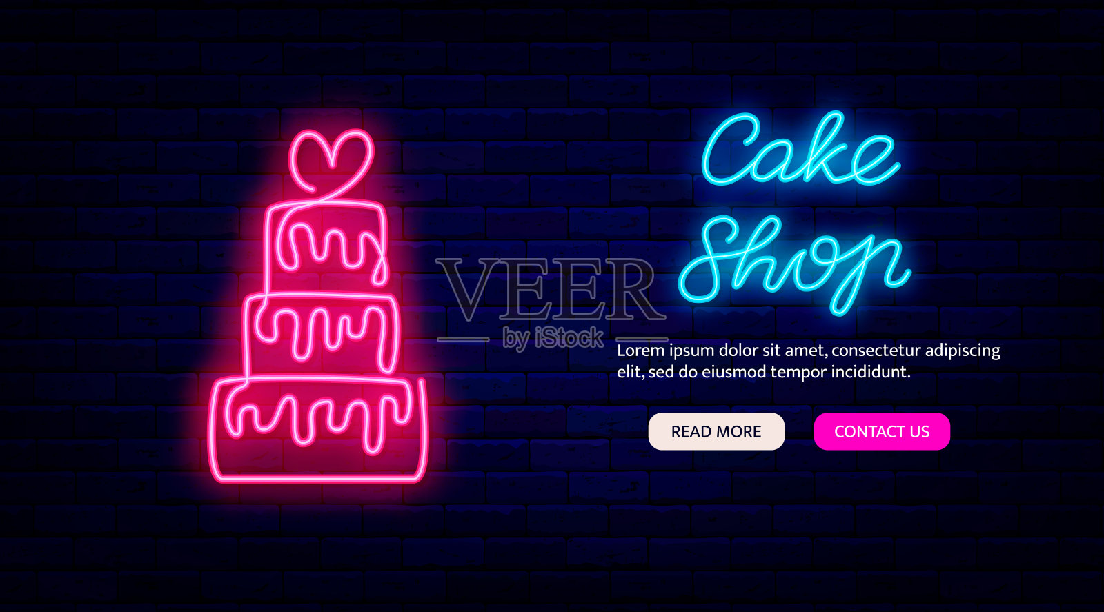 蛋糕店霓虹灯在线登陆页面。甜蜜的酒吧。网站模板和移动应用程序。孤立的矢量图插画图片素材