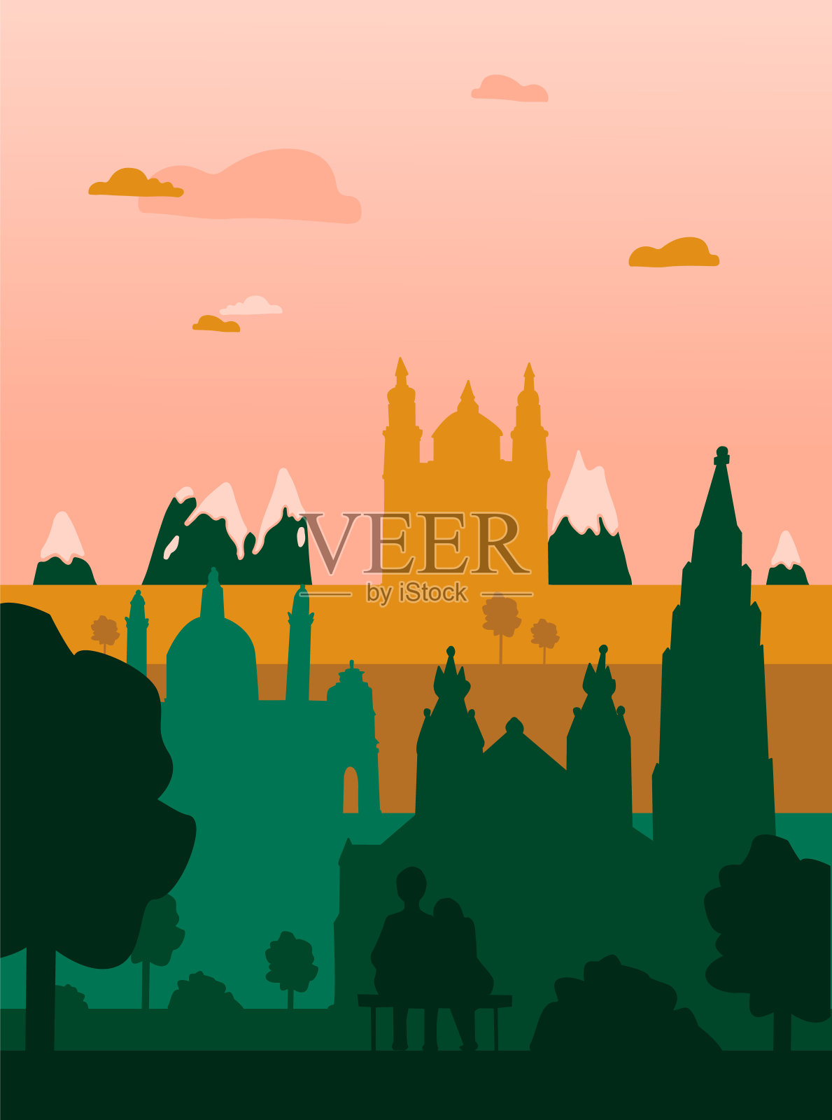 奥地利假日旅游平画。现代风格的维也纳城市插图。维也纳平坦的插图。手绘海报，旗帜，明信片，旅游公司的卡片模板，t恤，衬衫。向量EPS 10。教堂插画图片素材