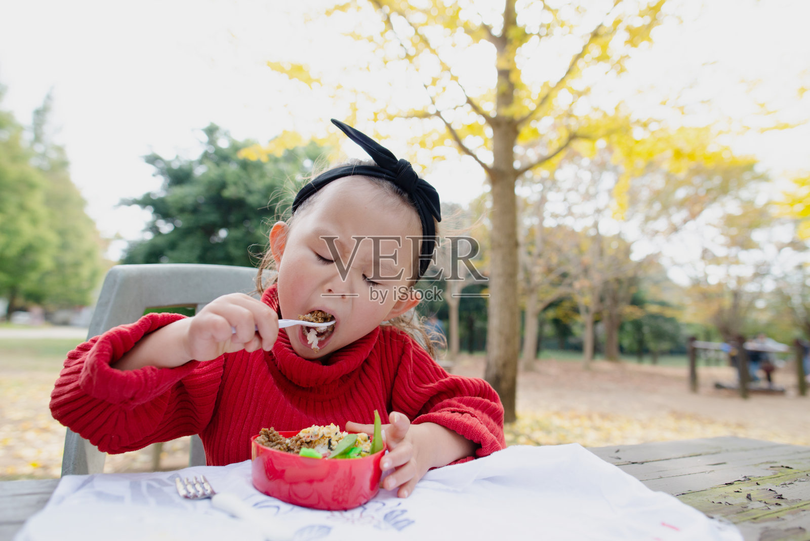 小女孩在公园吃午饭照片摄影图片