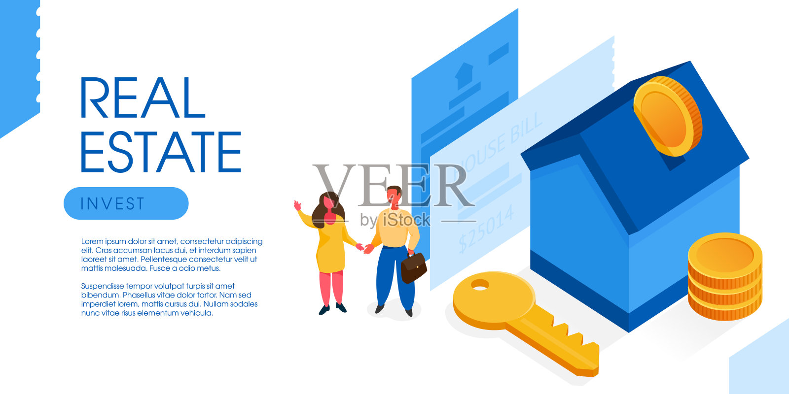 家庭买房子和挥手附近的钥匙。金币落在房子形状的钱箱里。插画图片素材